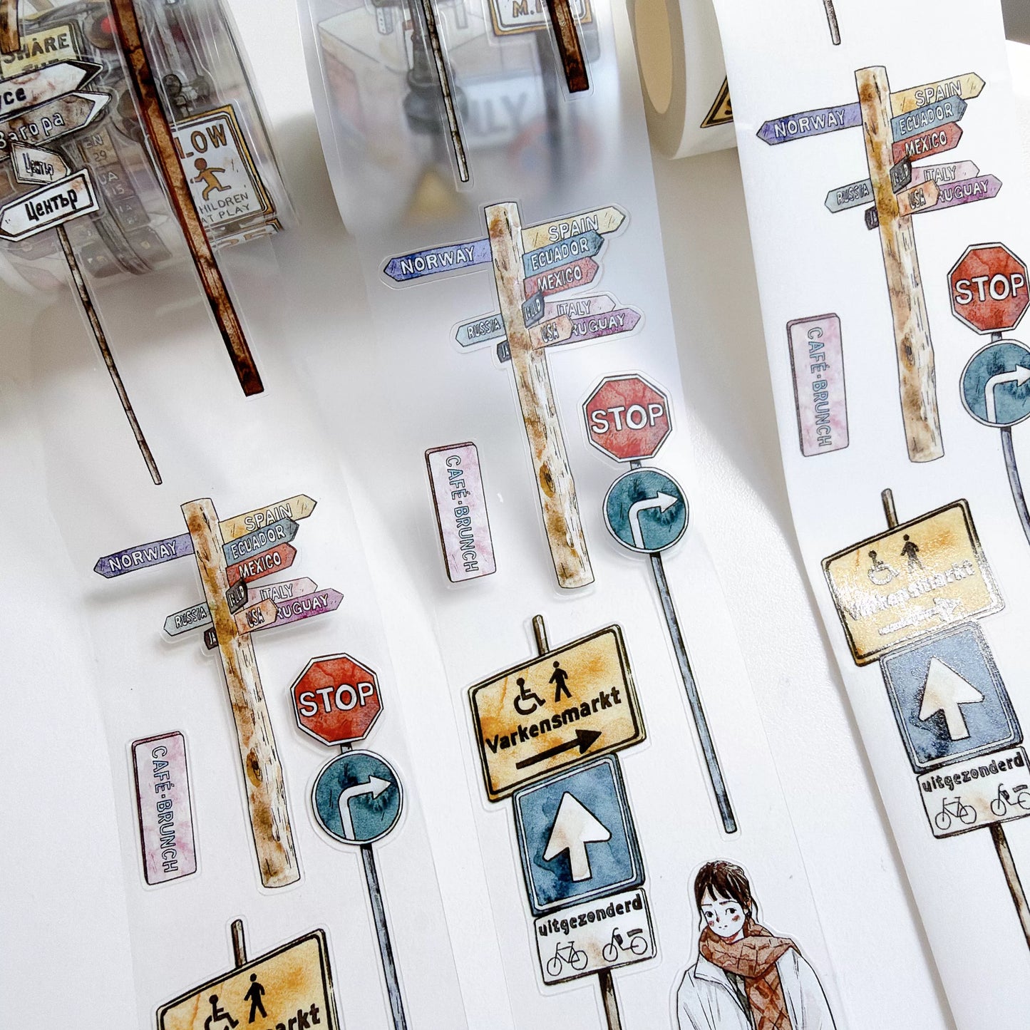 Kaixiaoxun Vol13【Road Sign】 Pre-Cut Long Loop Washi/Matte PET Tape for Scrapbook Supplies,Junk Journal Supplies