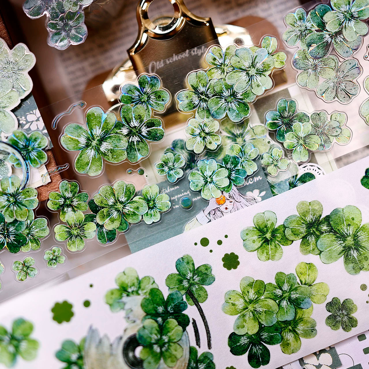 XiaoBaiJia【four-leaf clover】Orginal Design Kiss-cut Washi/Pet Floral Tape Light Retro Landscaping Stickers