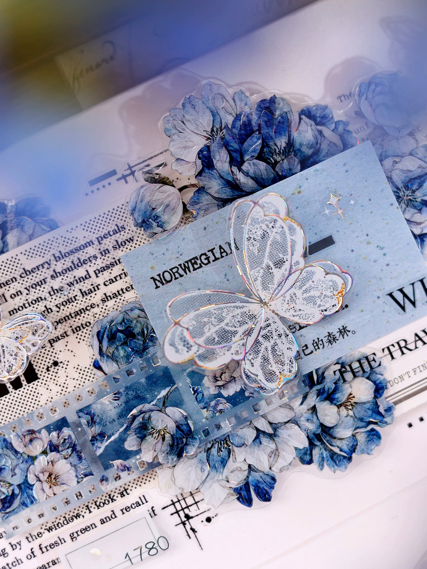 XiaoBaiJia Salt Series【Blue Mirror】Orginal Design Kiss-cut Washi/Pet Floral Tape Light Retro Landscaping Stickers