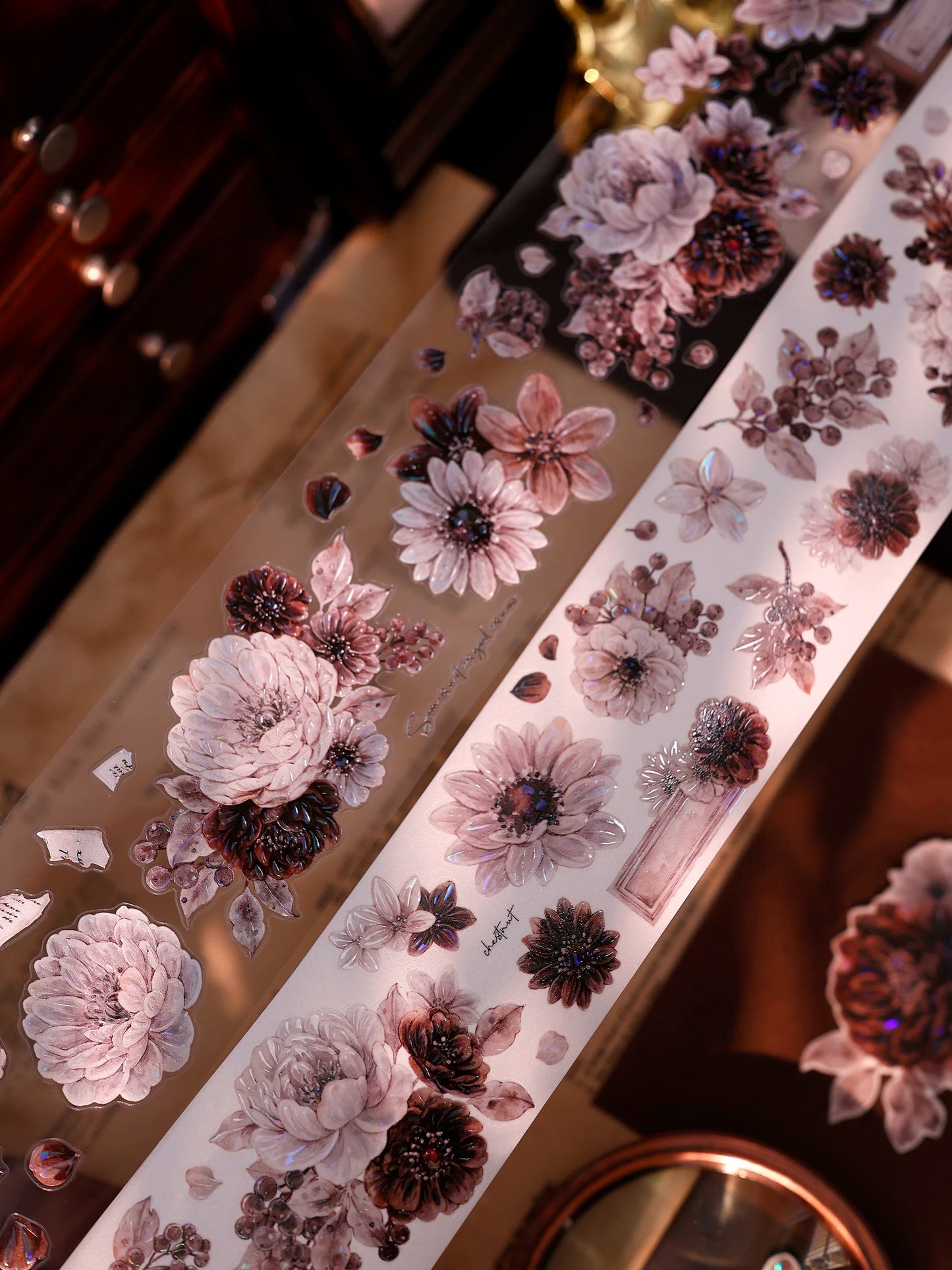 XiaoBaiJia【Brown Shadow Old Paper】Pre-cut Floral Orginal Design Washi Pet Tape Light Retro Stickers