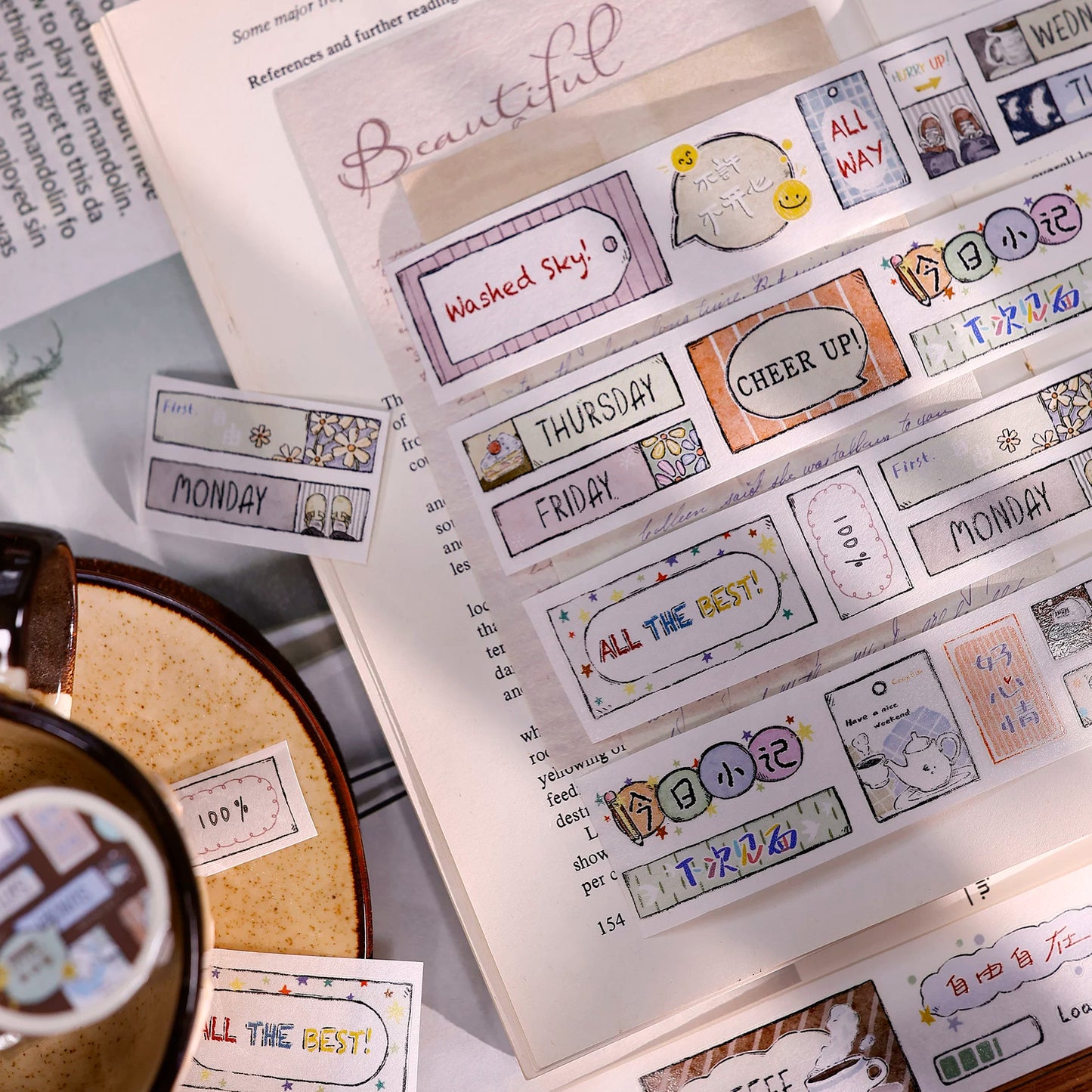 XiaoBaiJia Salt Series【Many Signs】Pre-cut Orginal Design Handwritten Chinese and English Word Borders Washi/Pet Tape Light Retro Stickers