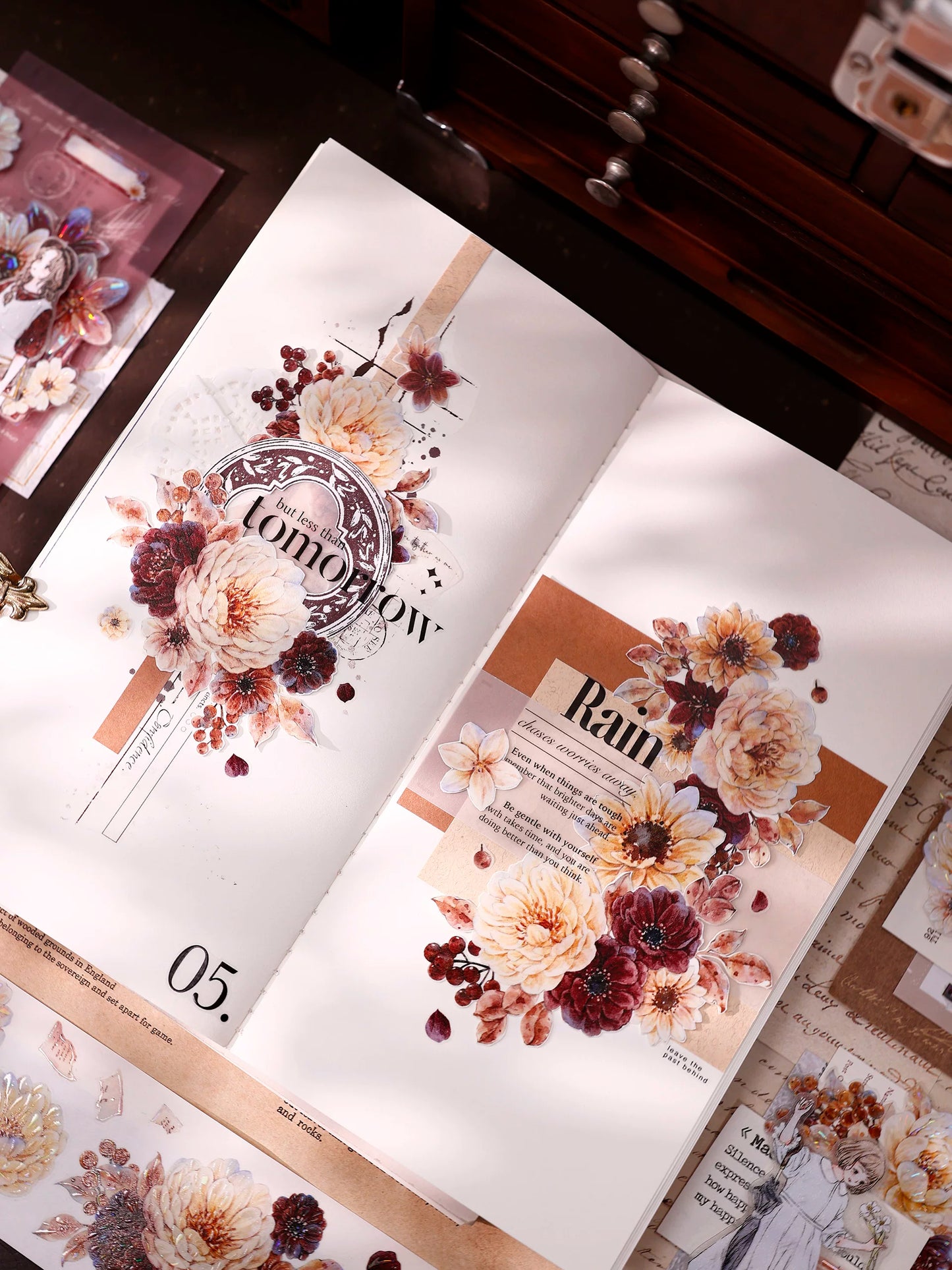 XiaoBaiJia【Peony Shadow Flower Description】Pre-cut Floral Orginal Design Washi Pet Tape Light Retro Stickers