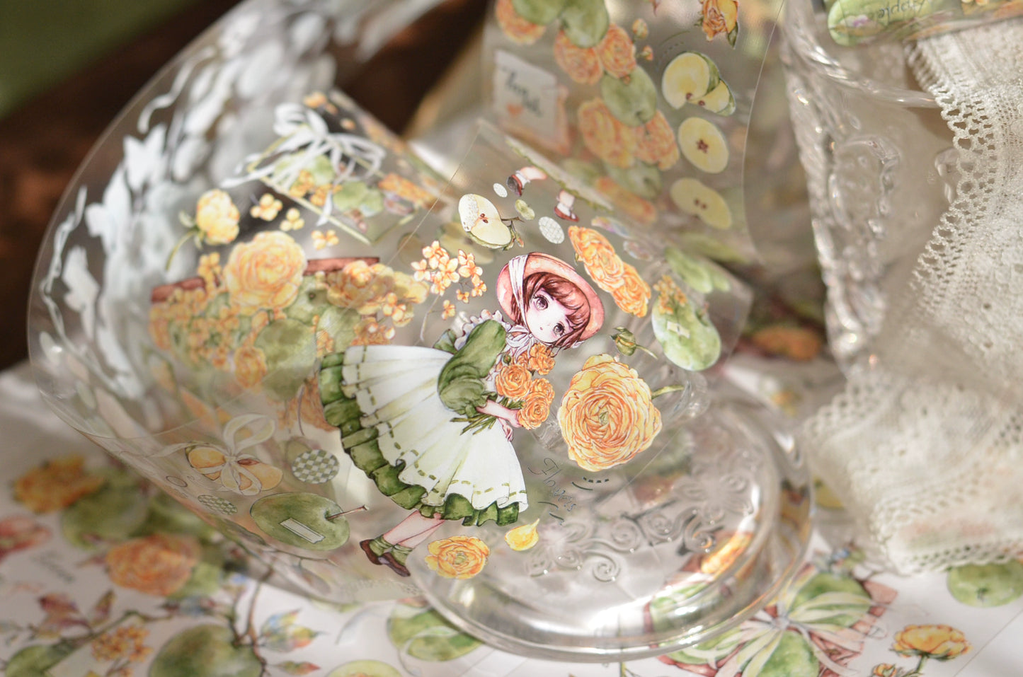 XiaoBaiJia【Initial Blue】Light Retro Peony Flowers and Fresh Apples Orginal Design Washi Pet Tape Landscaping Stickers