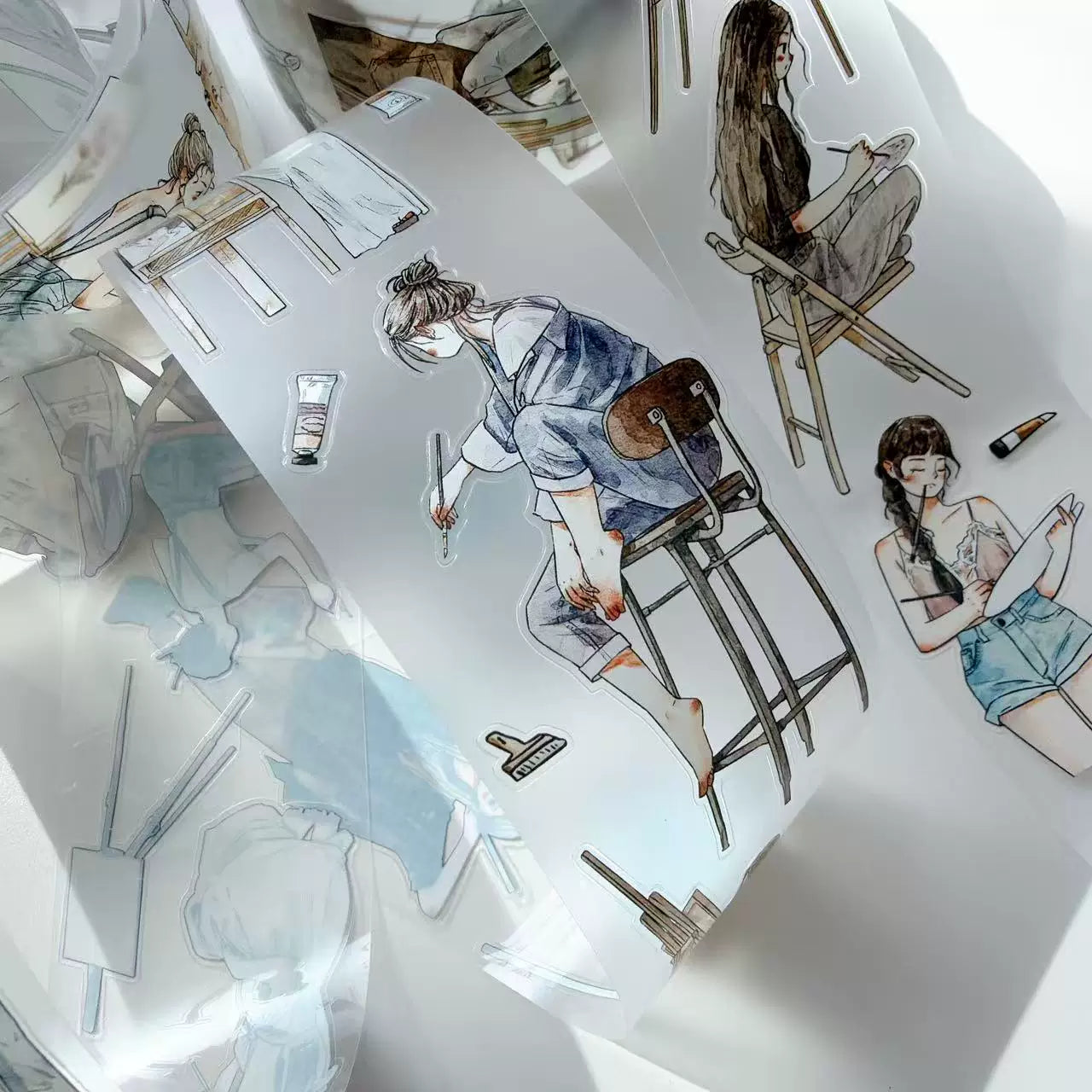 Kaixiaoxun Vol12【The Girl Who Draws】 Pre-Cut Long Loop Washi/Matte PET Tape for Scrapbook Supplies,Junk Journal Supplies