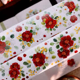 XiaoBaiJia Salt Series【Red Tea for Spring】Pre-cut Orginal Design Red and White Camellia Flowers Washi/Pet Tape Light Retro Stickers