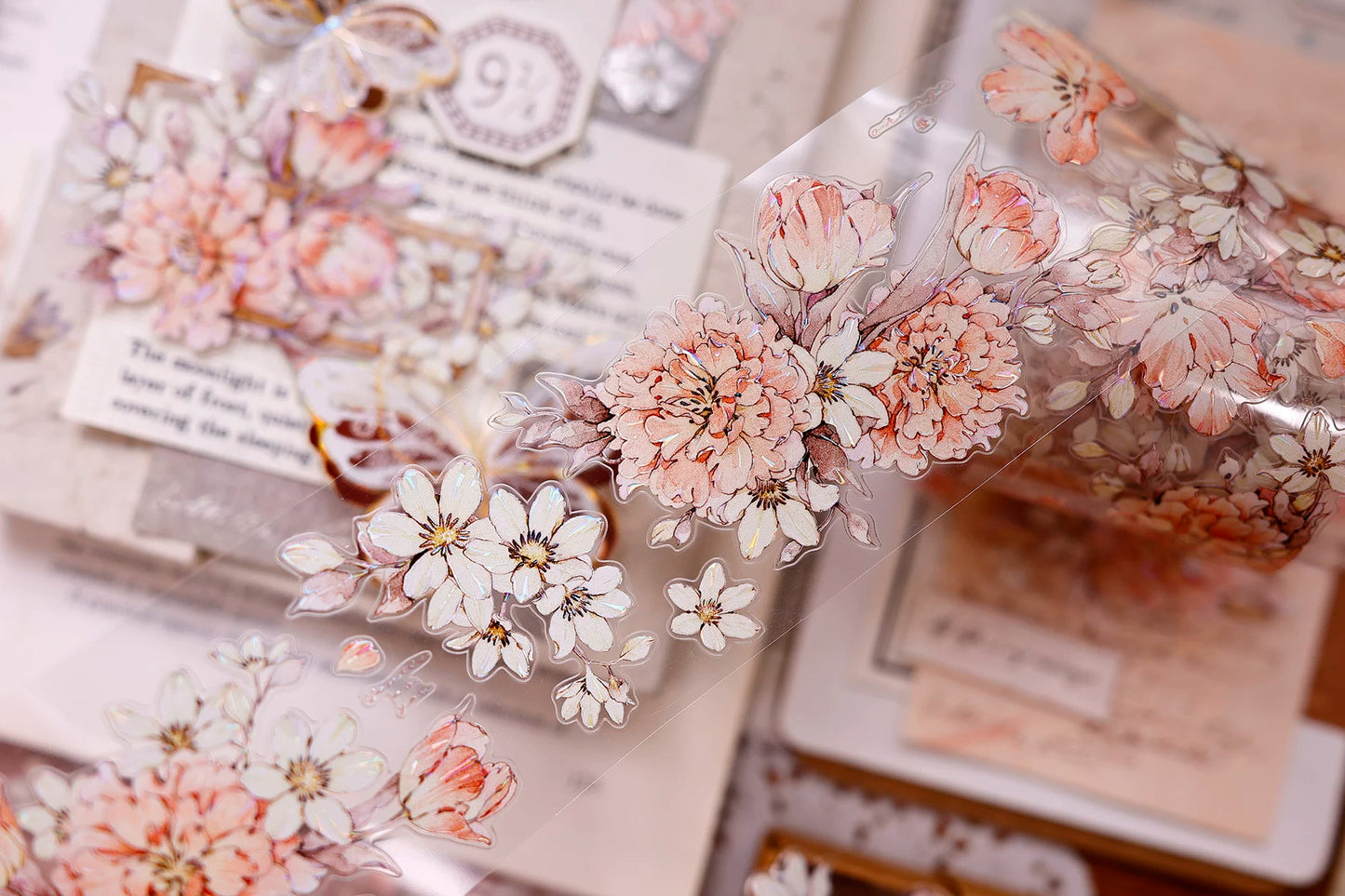XiaoBaiJia Salt Series【Orange Shadow】Pre-cut Orginal Design Vintage Peony Flowers Washi/Pet Tape Light Retro Stickers