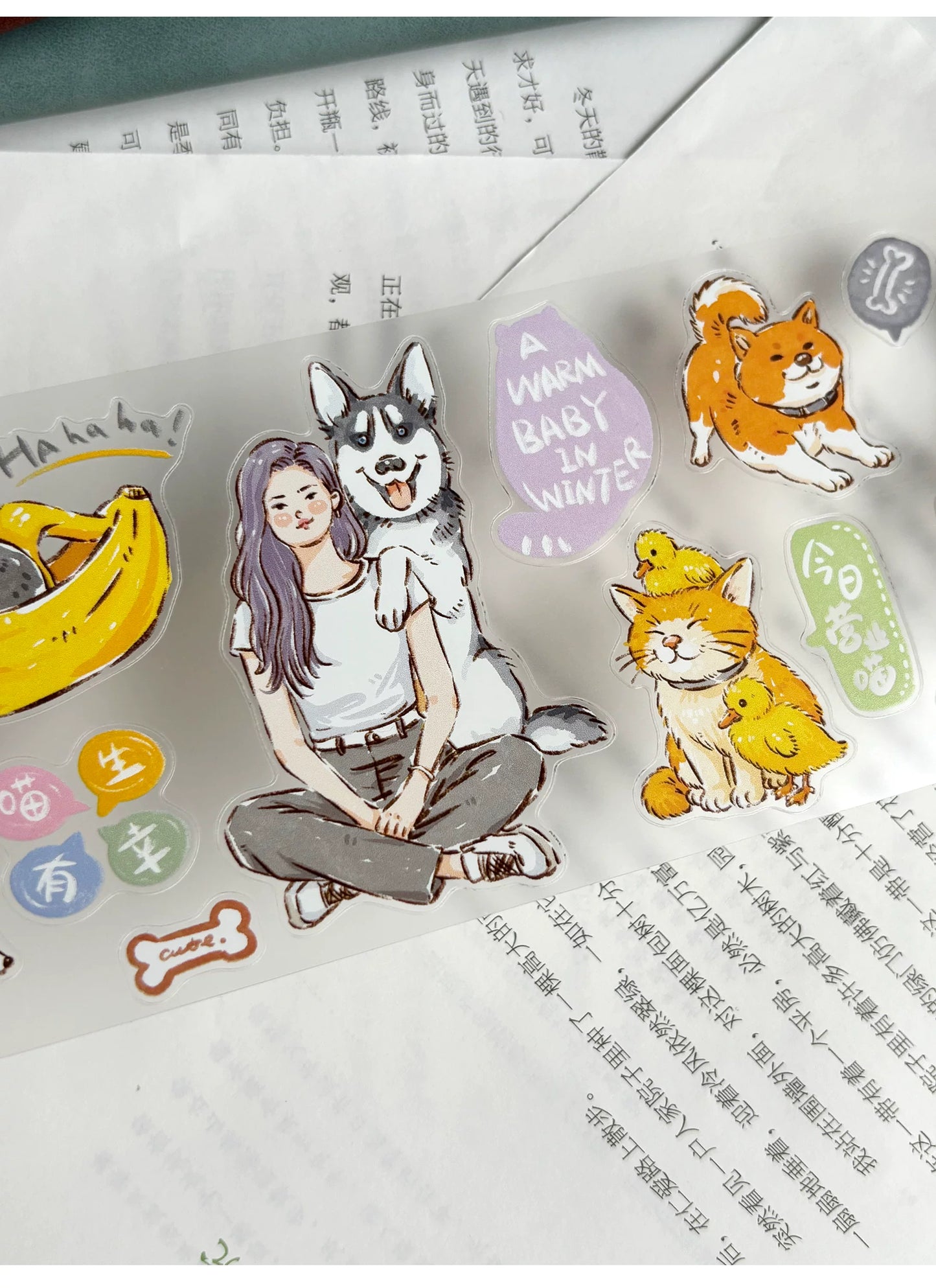 ZiYuanSu【Cute Pet Time】Cat and Dog Scene Pre-cut Washi/PET Tape