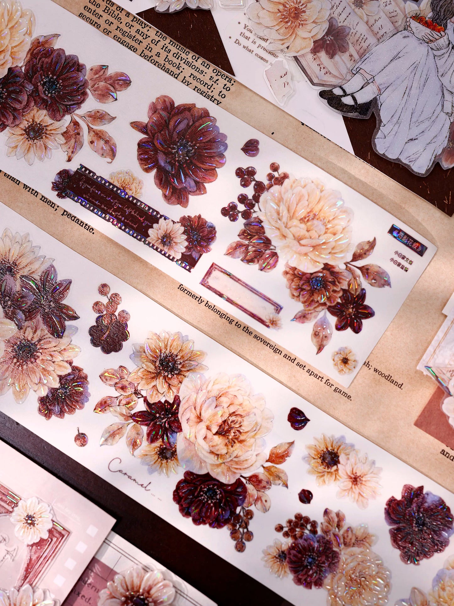 XiaoBaiJia【Peony Shadow Flower Description】Pre-cut Floral Orginal Design Washi Pet Tape Light Retro Stickers