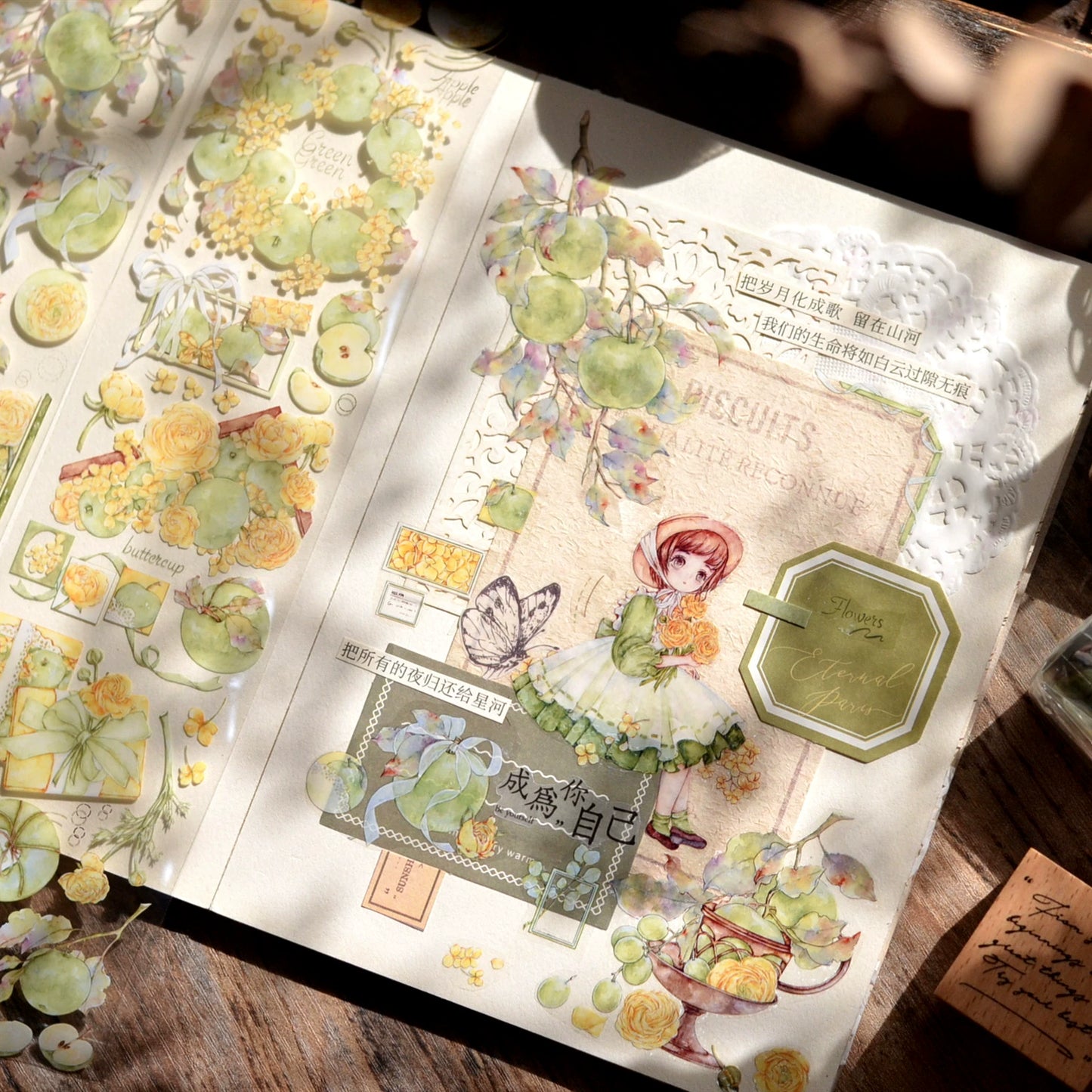 XiaoBaiJia【Initial Blue】Light Retro Peony Flowers and Fresh Apples Orginal Design Washi Pet Tape Landscaping Stickers