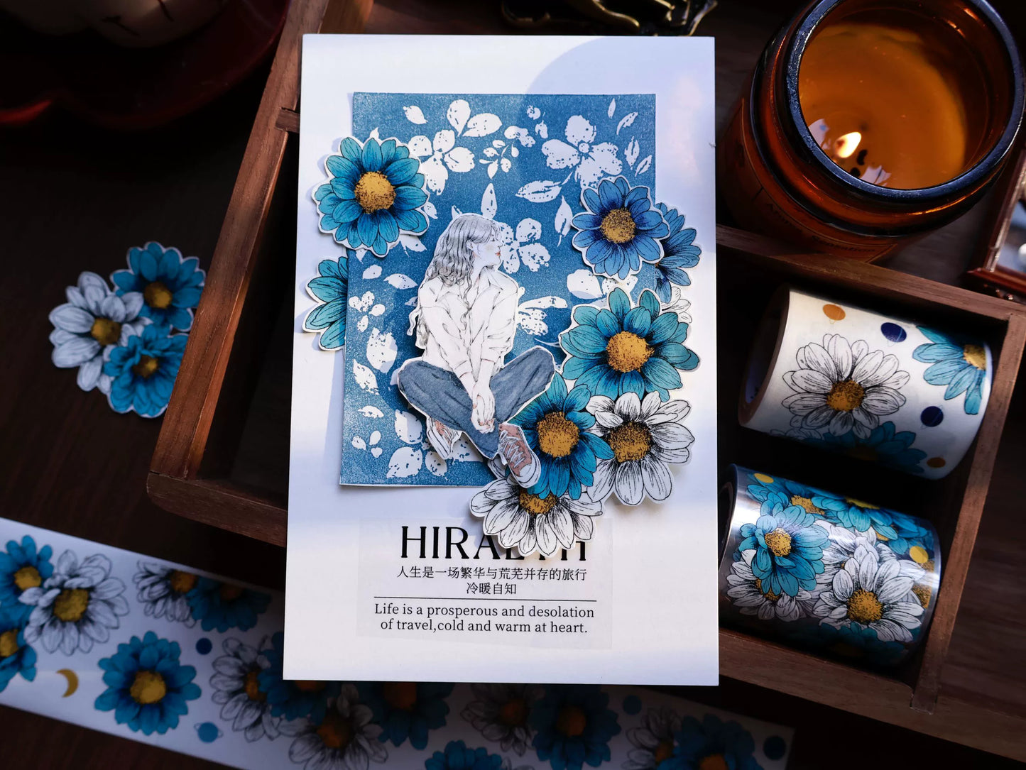 YiEr Vol14【Van Gogh Gardens】Blue Chrysanthemum Floral Washi Tape and PET Stickers