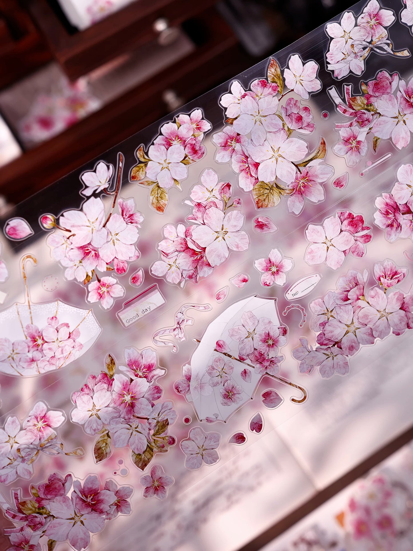XiaoBaiJia【Pink Cherry Blossoms】Orginal Design Floral Washi Pet Tape Light Retro Landscaping Stickers