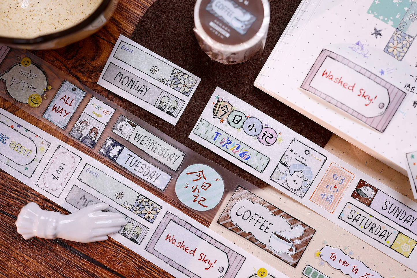XiaoBaiJia Salt Series【Many Signs】Pre-cut Orginal Design Handwritten Chinese and English Word Borders Washi/Pet Tape Light Retro Stickers