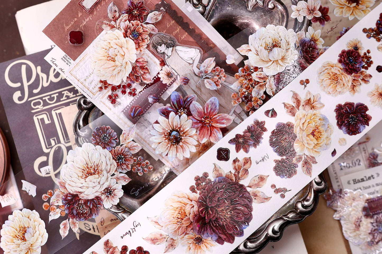 XiaoBaiJia【Peony Shadow Flower Description】Pre-cut Floral Orginal Design Washi Pet Tape Light Retro Stickers