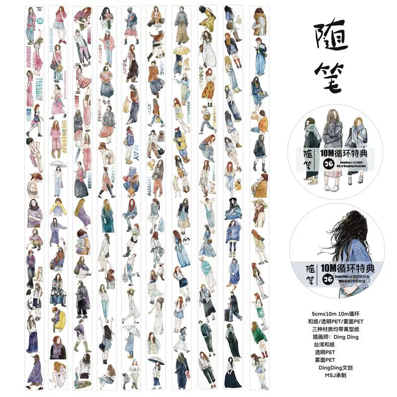 DingDing Vol8【26#Informal Essay】10m Loop,Original Character Design Vintage Casualness Girl Washi/PET Tape Stickers, for Scrapbook Supplies,Scrapbook Tape Stickers,Junk Journal Supplies