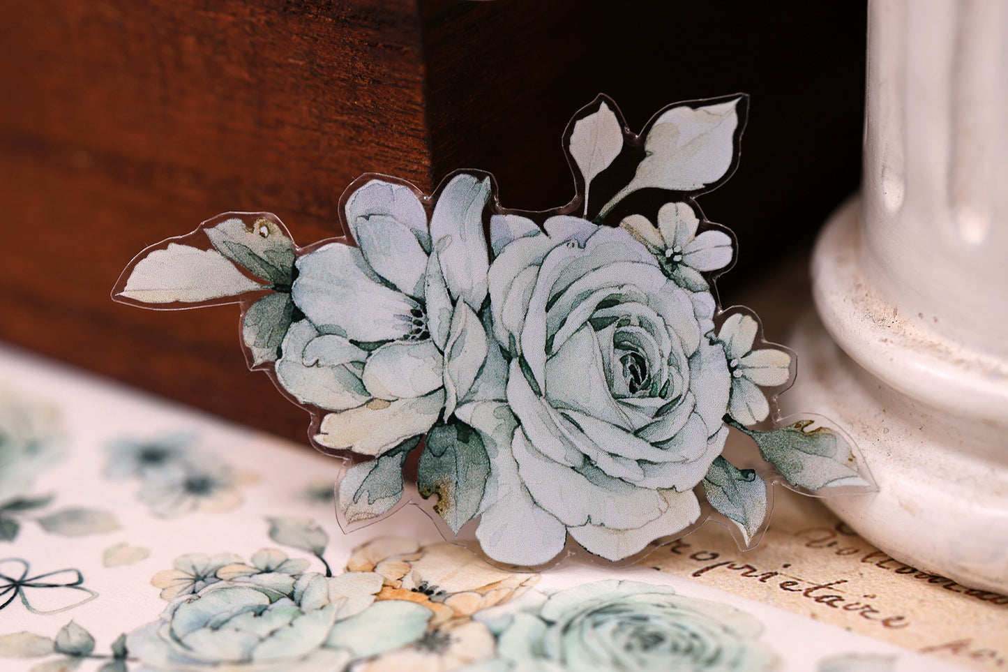 XiaoBaiJia【Clear Sky/Morning Mist】Light Retro Mint Green Flower Orginal Design Washi Pet Floral Tape Landscaping Stickers
