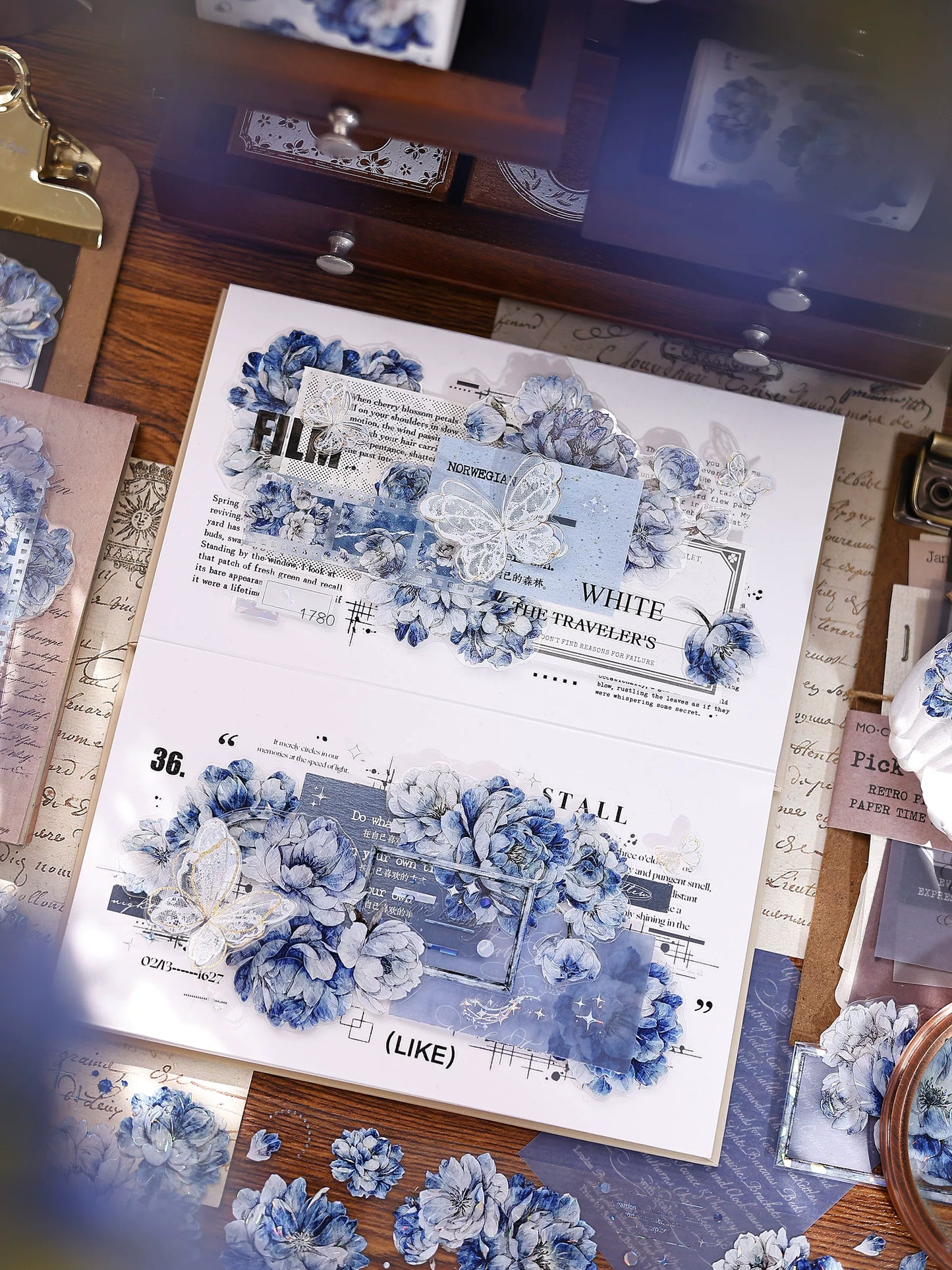 XiaoBaiJia Salt Series【Blue Mirror】Orginal Design Kiss-cut Washi/Pet Floral Tape Light Retro Landscaping Stickers