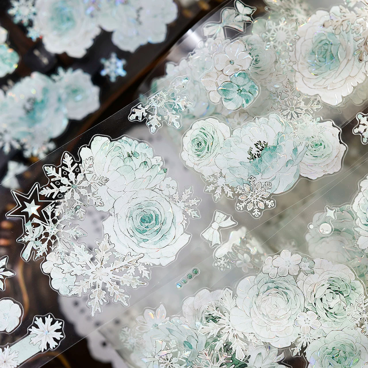 XiaoBaiJia Salt Series【Peppermint Ice】Pre-cut Orginal Design Light Retro Blue and Green Floral Pattern Washi/Pet Tape Light Retro Stickers