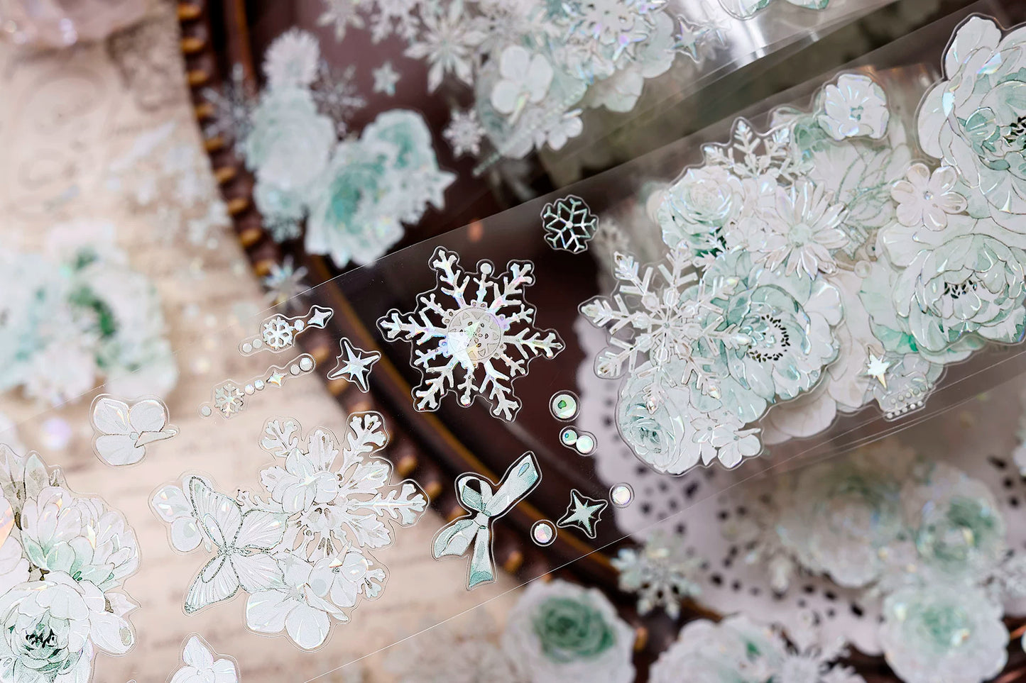 XiaoBaiJia Salt Series【Peppermint Ice】Pre-cut Orginal Design Light Retro Blue and Green Floral Pattern Washi/Pet Tape Light Retro Stickers