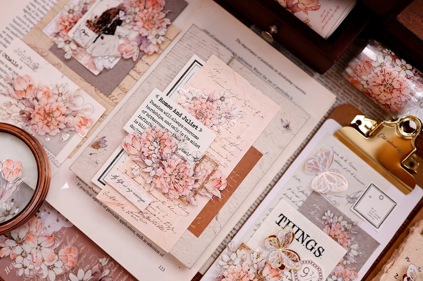 XiaoBaiJia Salt Series【Orange Shadow】Pre-cut Orginal Design Vintage Peony Flowers Washi/Pet Tape Light Retro Stickers