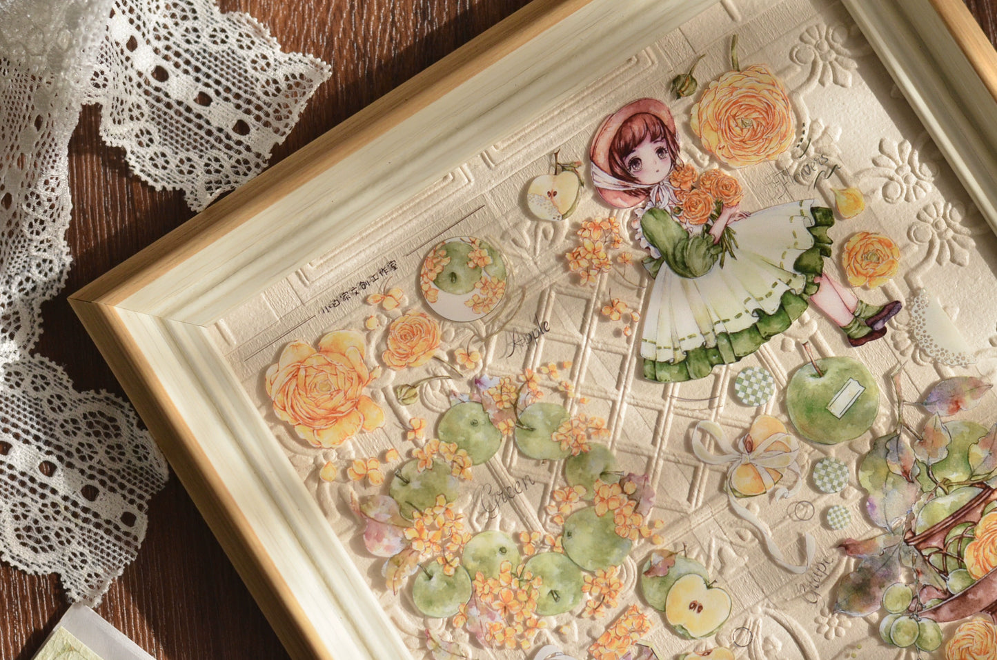 XiaoBaiJia【Initial Blue】Light Retro Peony Flowers and Fresh Apples Orginal Design Washi Pet Tape Landscaping Stickers