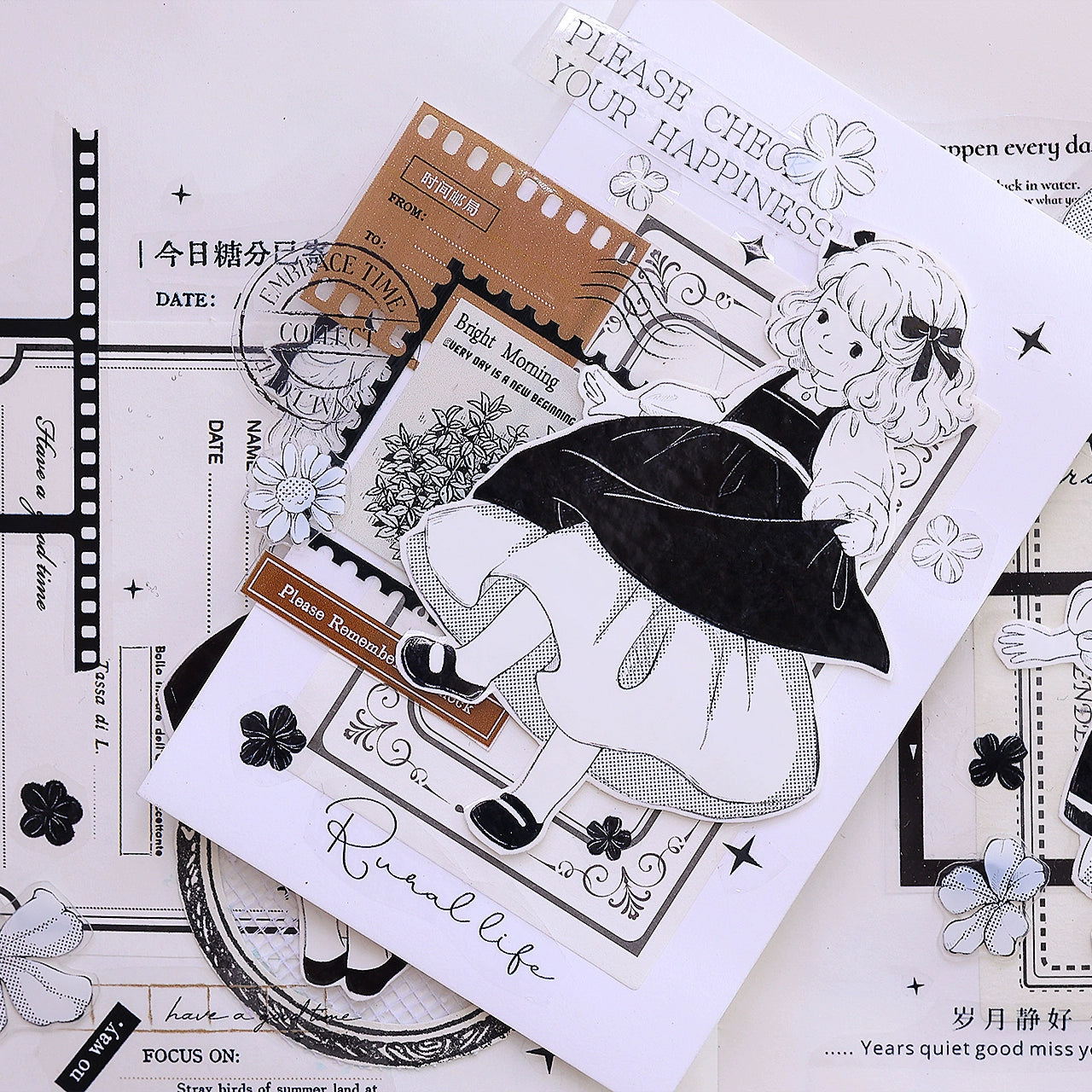 XiaoBaiJia【Small Countryside】Light Retro Black and White Characters Orginal Design Washi Pet Tape Stickers