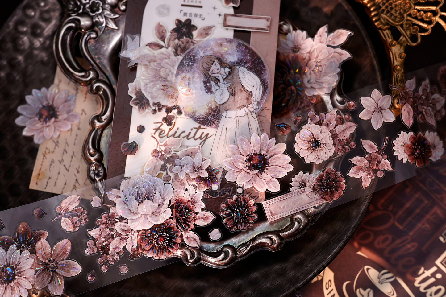 XiaoBaiJia【Brown Shadow Old Paper】Pre-cut Floral Orginal Design Washi Pet Tape Light Retro Stickers