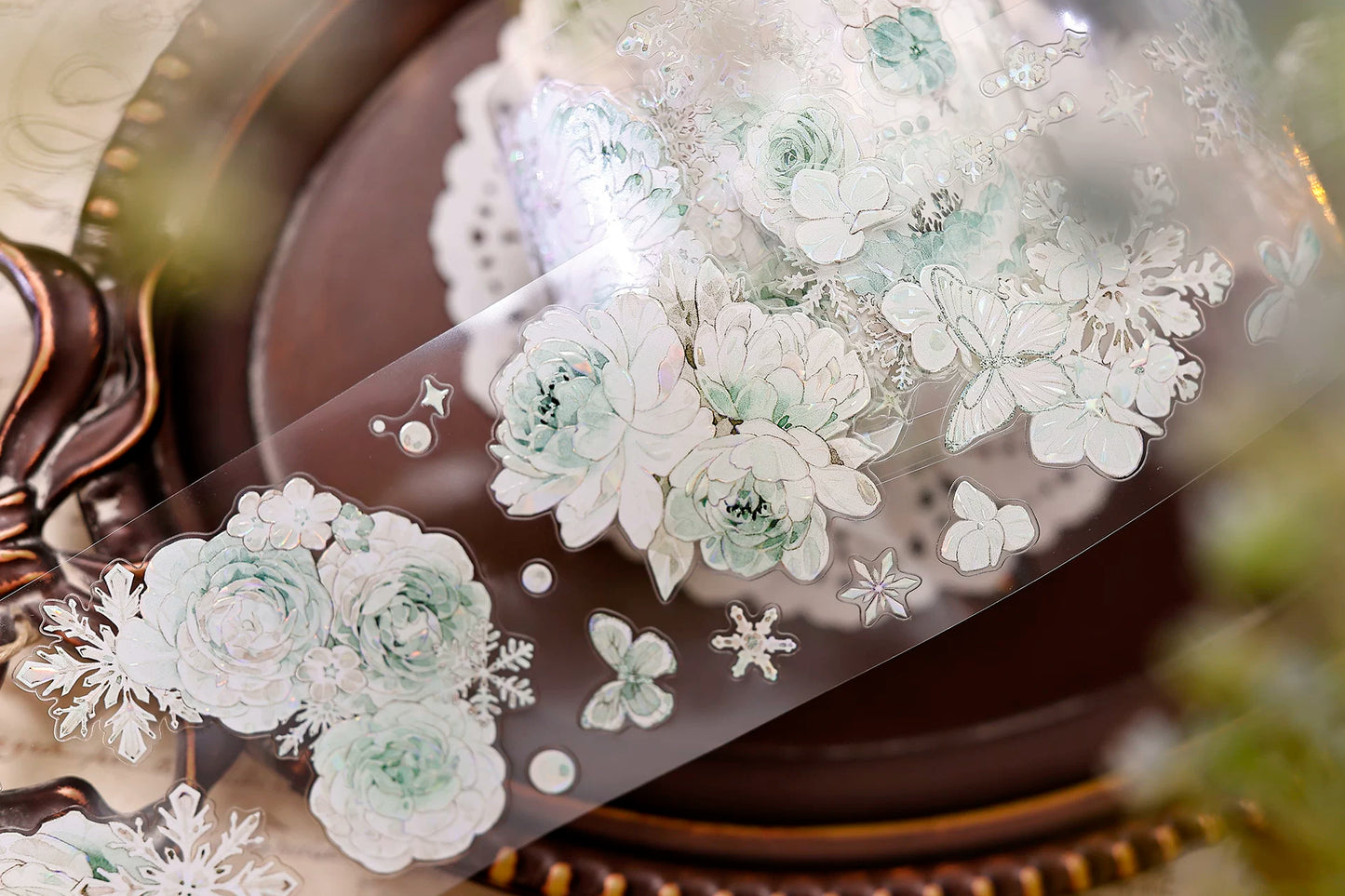 XiaoBaiJia Salt Series【Peppermint Ice】Pre-cut Orginal Design Light Retro Blue and Green Floral Pattern Washi/Pet Tape Light Retro Stickers