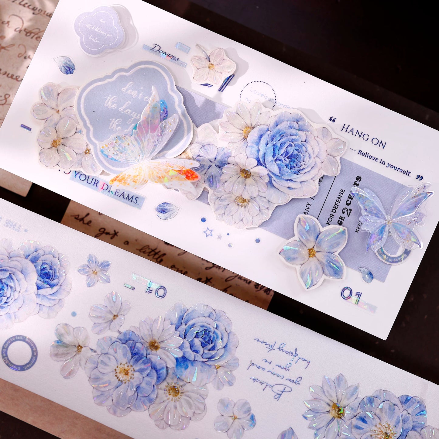 XiaoBaiJia【Light Blue Floral Trace】Orginal Design Floral Washi Pet Tape Light Retro Landscaping Stickers