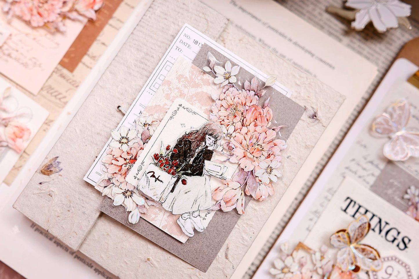 XiaoBaiJia Salt Series【Orange Shadow】Pre-cut Orginal Design Vintage Peony Flowers Washi/Pet Tape Light Retro Stickers