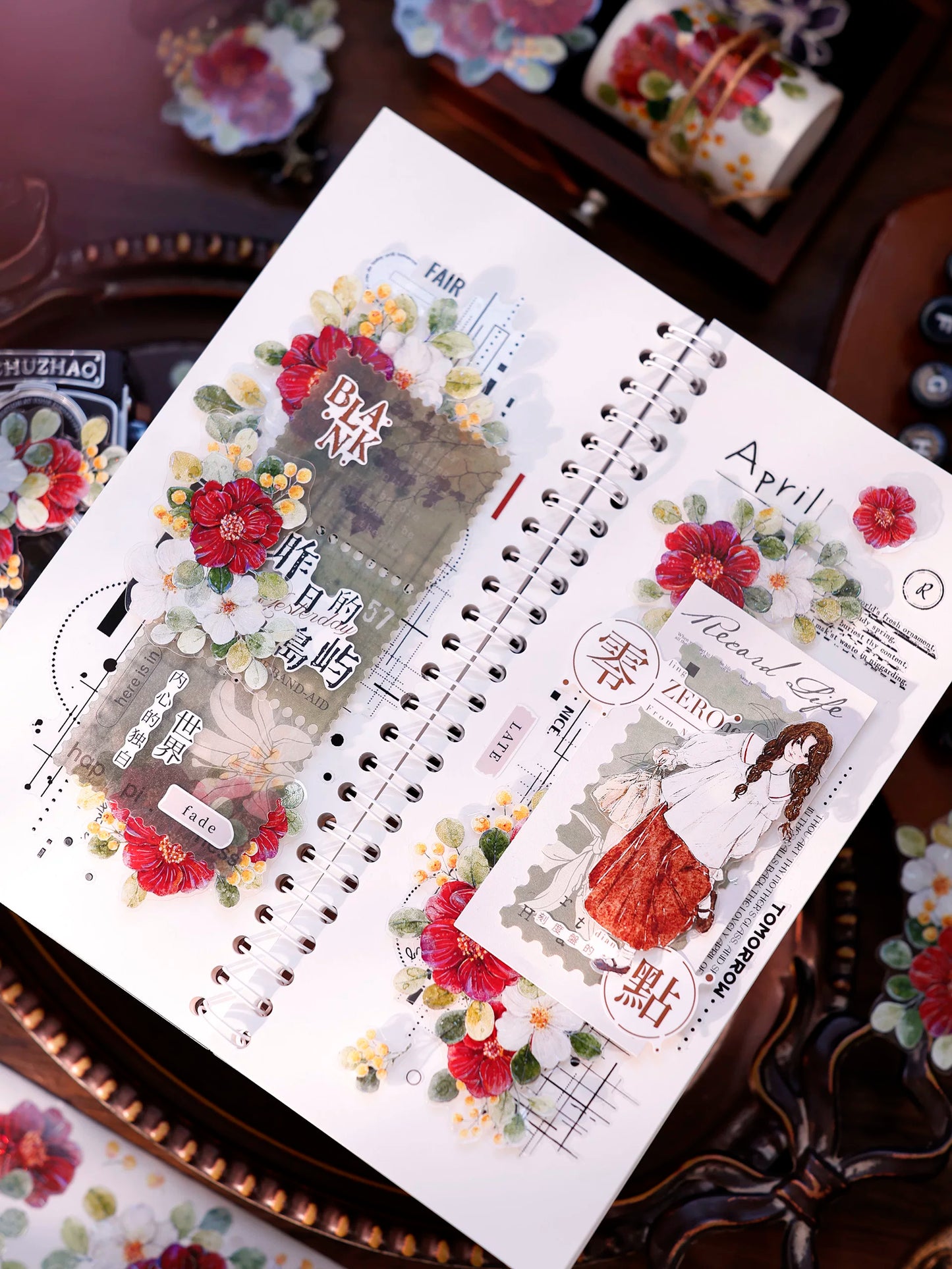 XiaoBaiJia Salt Series【Red Tea for Spring】Pre-cut Orginal Design Red and White Camellia Flowers Washi/Pet Tape Light Retro Stickers