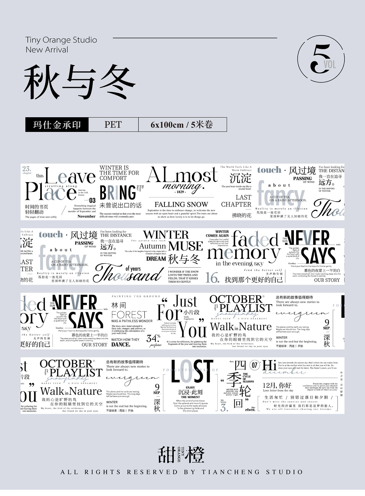 TianCheng-Vol5【Autumn and Winter】English Text Washi/PET Tape,for Scrapbook Supplies,Scrapbook Tape Stickers,Junk Journal Supplies