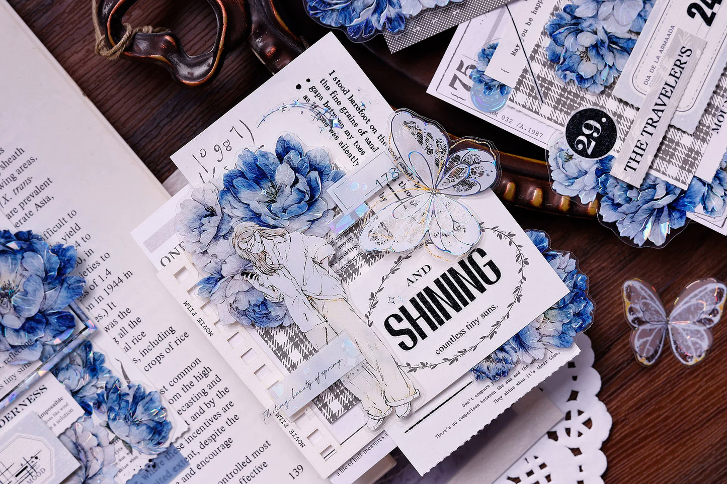 XiaoBaiJia Salt Series【Blue Mirror】Orginal Design Kiss-cut Washi/Pet Floral Tape Light Retro Landscaping Stickers