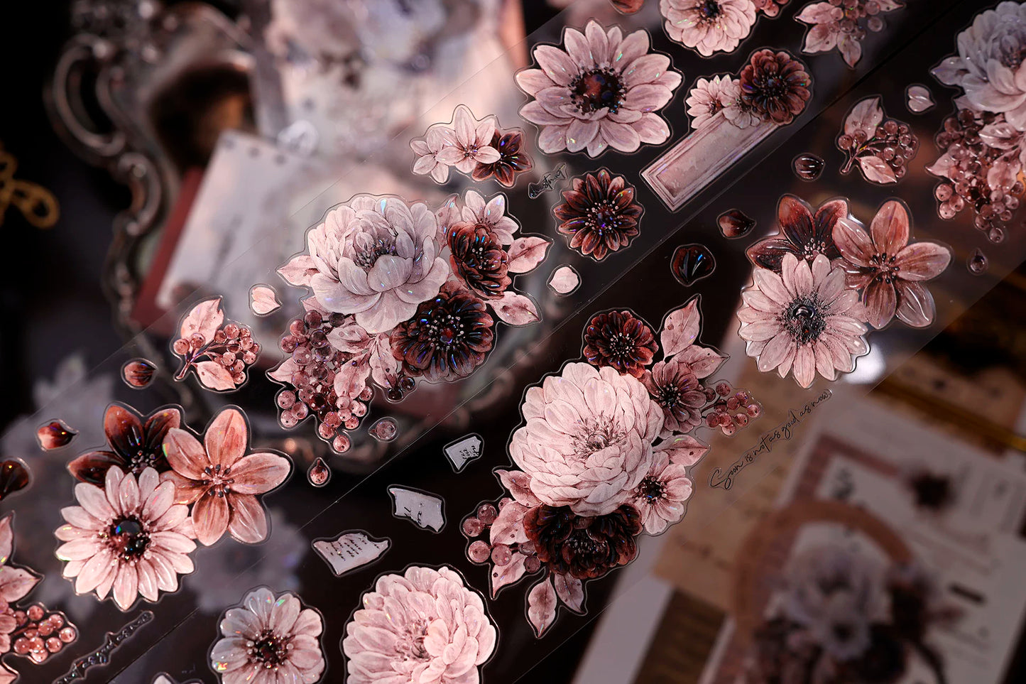XiaoBaiJia【Brown Shadow Old Paper】Pre-cut Floral Orginal Design Washi Pet Tape Light Retro Stickers