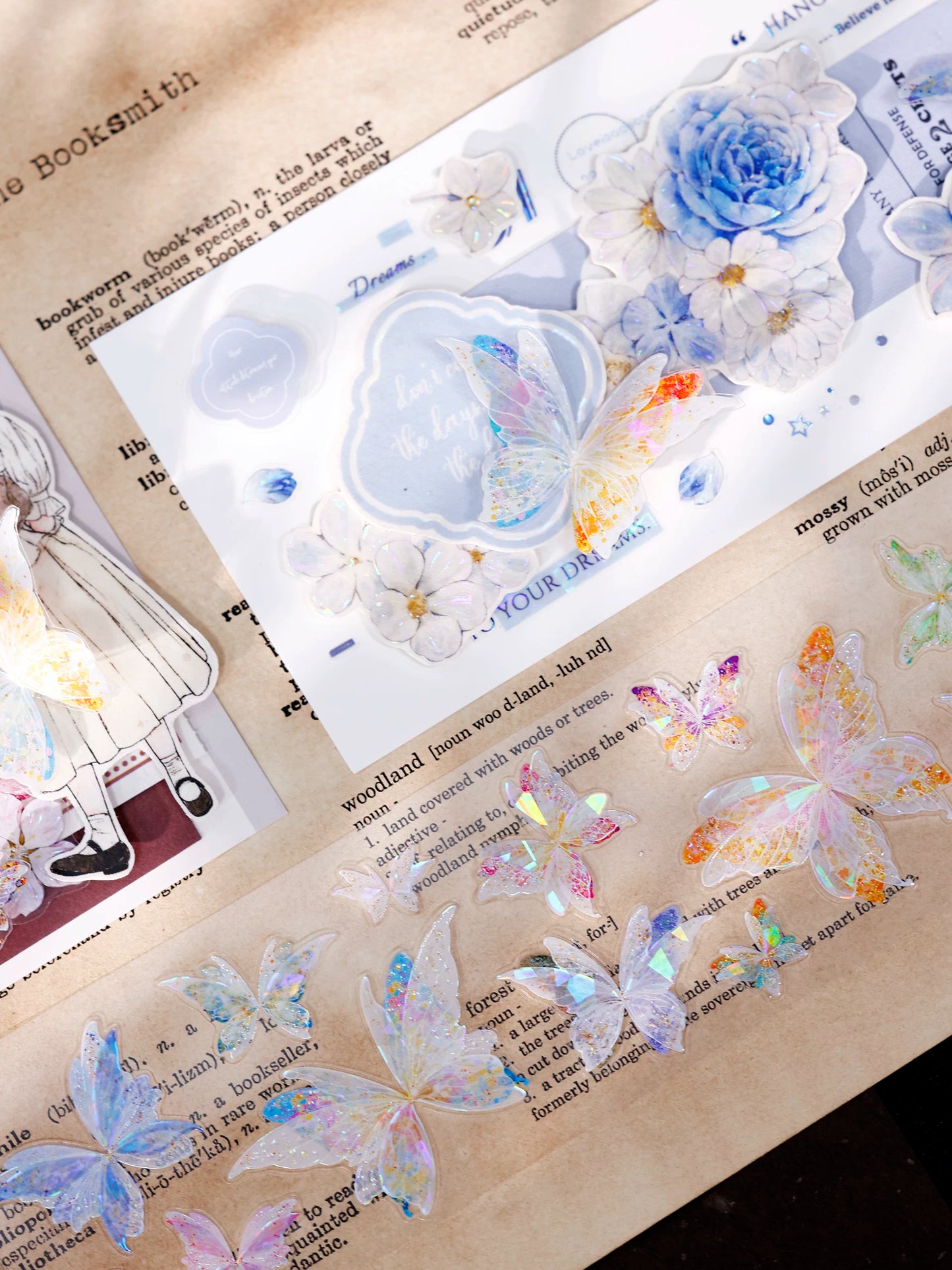 XiaoBaiJia【Liuli Butterfly Dance】Pre-cut Orginal Design Washi Pet Tape Light Retro Stickers