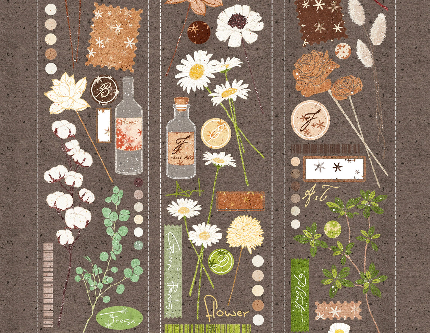 Linlanxi【Hand drawn Flower Collection】 Original New Product Light Retro Bouquet Washi/Pet Tape Long Loop Whole Roll