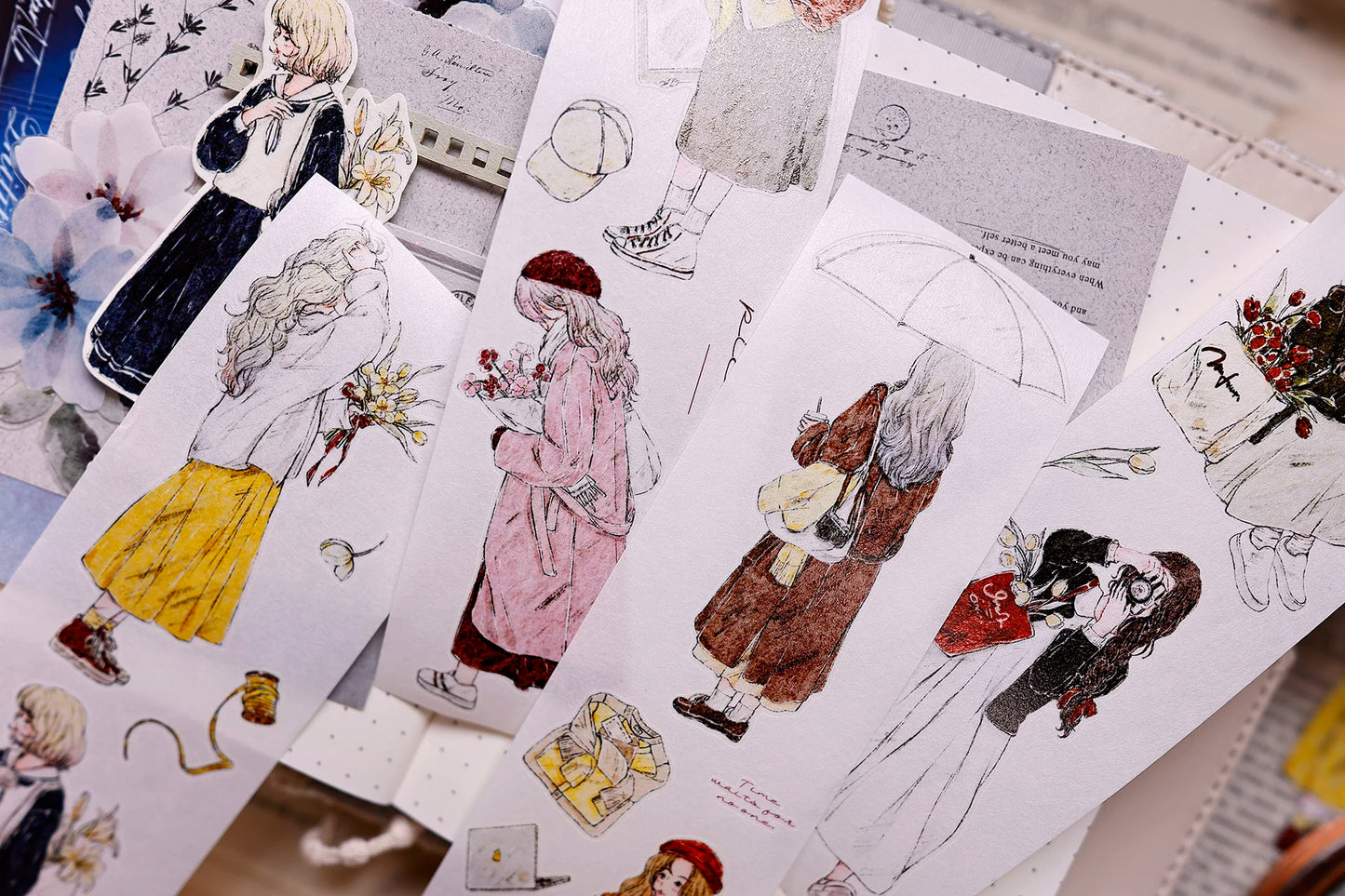 XiaoBaiJia Salt Series【Maiden Among the Flowers】Pre-cut Orginal Design Washi/Pet Tape Light Retro Stickers