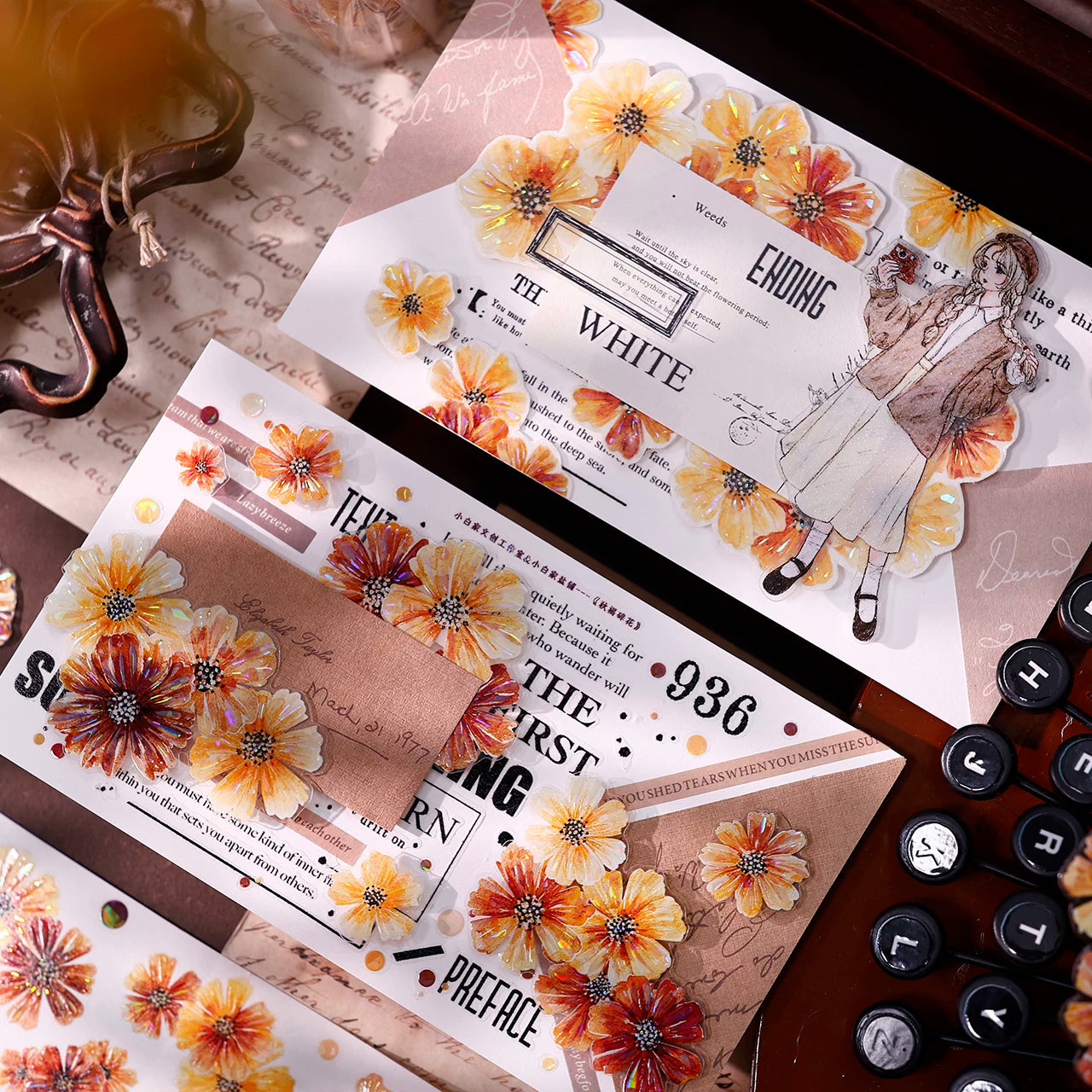 XiaoBaiJia【Autumn Brown Fragrant Flowers】Orginal Design Washi Pet Floral Tape Light Retro Landscaping Stickers