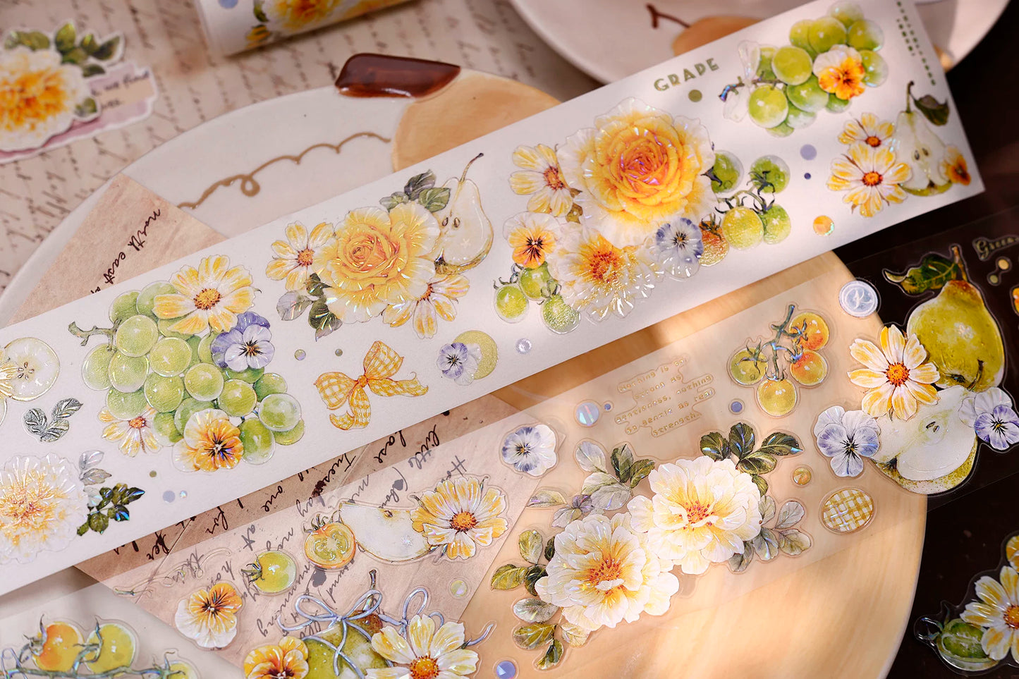 XiaoBaiJia【Green Grape Vine】Pre-cut Floral Orginal Design Washi Pet Tape Light Retro Stickers