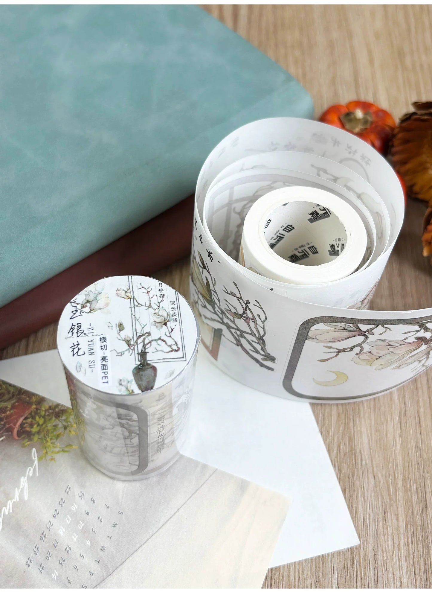 ZiYuanSu【Jade Silver Flower】Background Scene Pre-cut Washi PET Tape