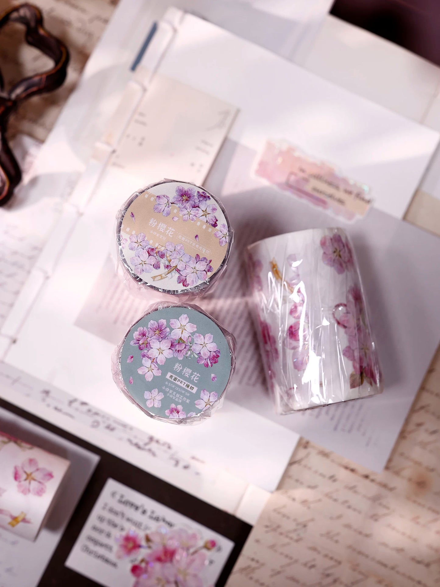 XiaoBaiJia【Pink Cherry Blossoms】Orginal Design Floral Washi Pet Tape Light Retro Landscaping Stickers
