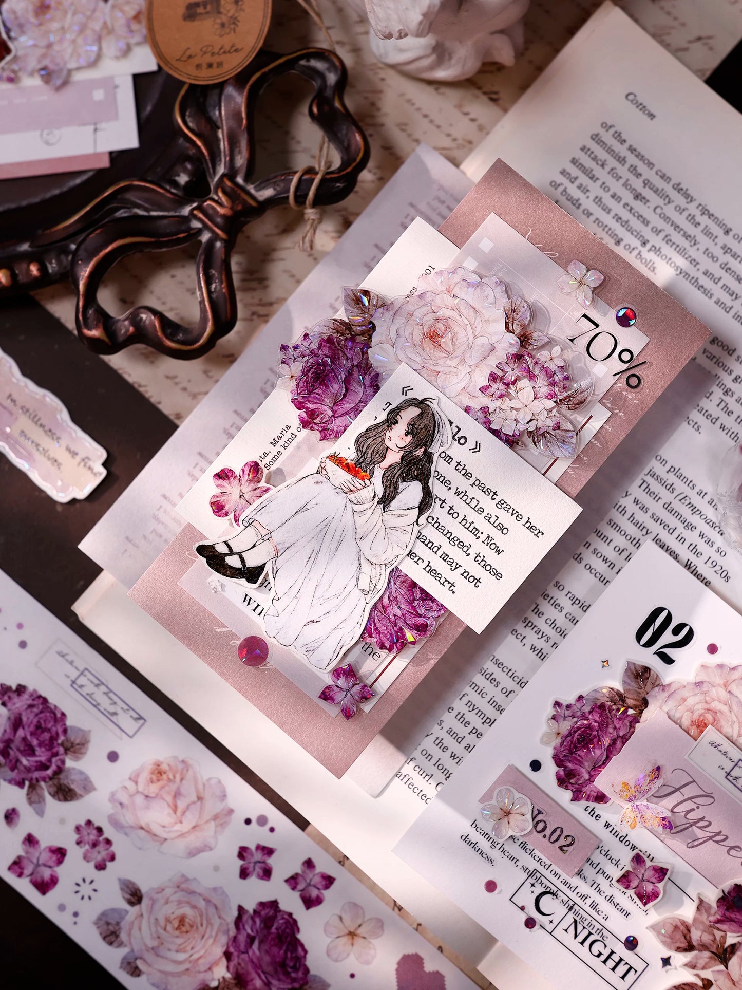 XiaoBaiJia【Zimo Fangxu】Pre-cut Rose Flowers Orginal Design Washi Pet Tape Light Retro Stickers