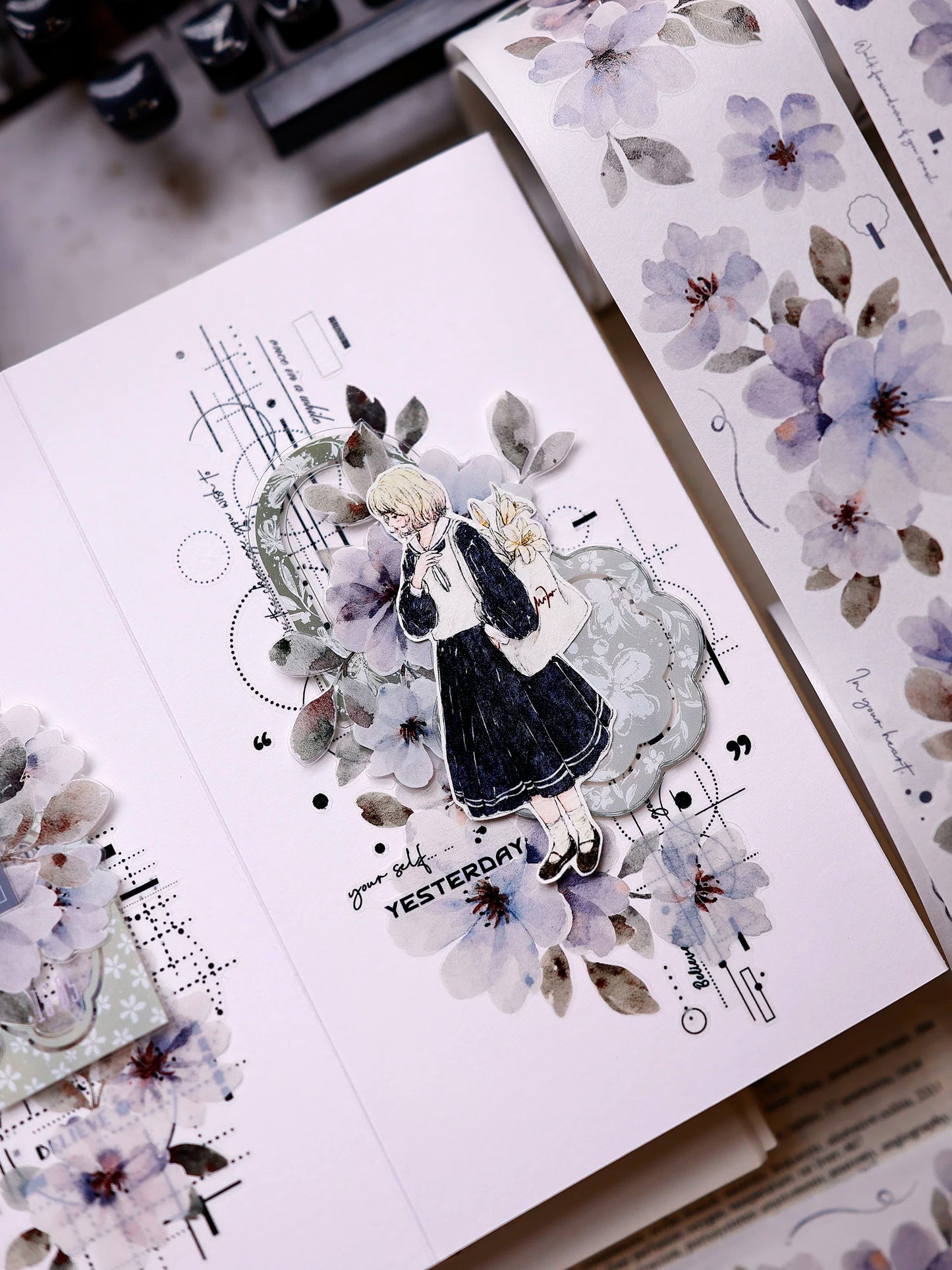 XiaoBaiJia Salt Series【Fog Blue Dense Branches】Pre-cut Orginal Design Washi/Pet Tape Light Retro Stickers