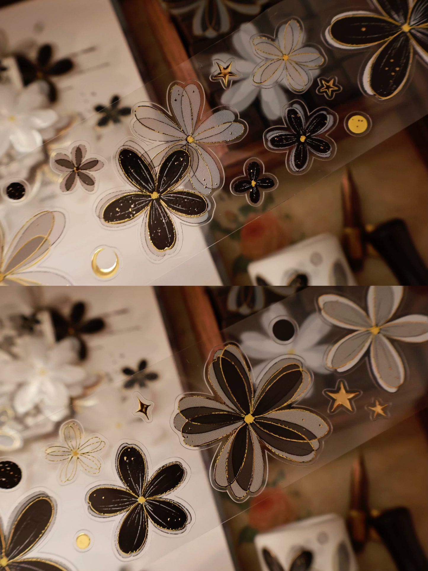 YiEr Vol15【Black and White Flowers】Orginal Design Pre-cut Washi/Pet Floral Tape Light Retro Landscaping Stickers
