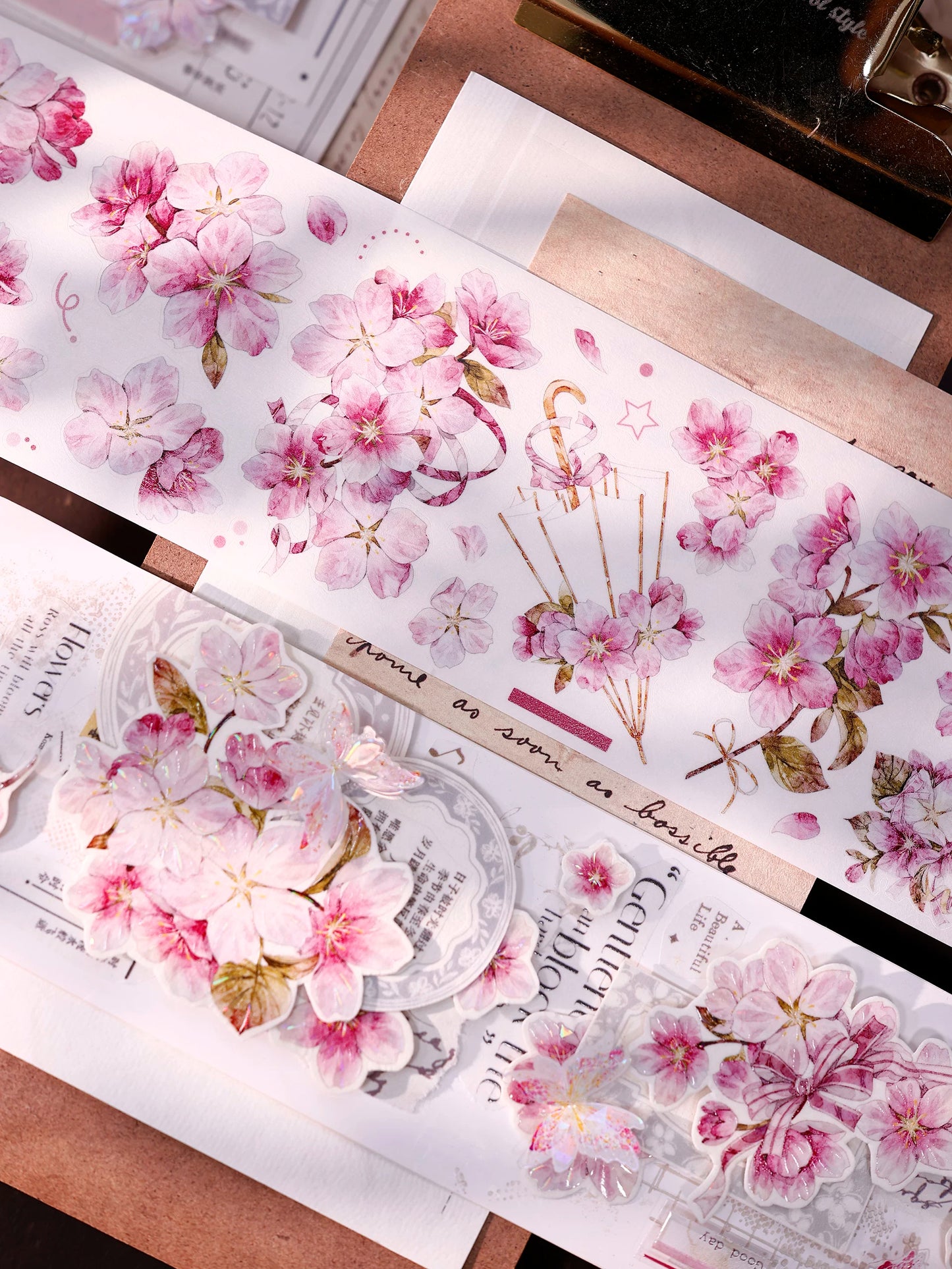 XiaoBaiJia【Pink Cherry Blossoms】Orginal Design Floral Washi Pet Tape Light Retro Landscaping Stickers