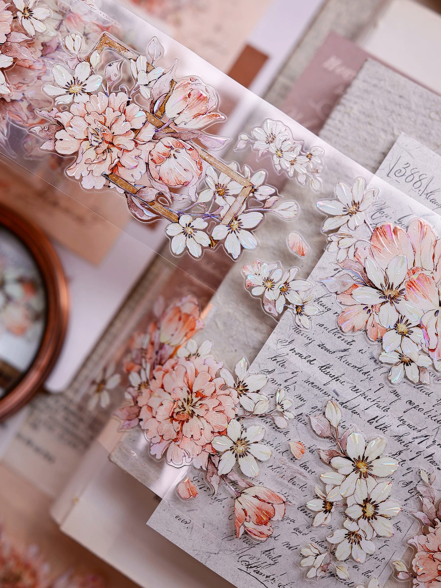 XiaoBaiJia Salt Series【Orange Shadow】Pre-cut Orginal Design Vintage Peony Flowers Washi/Pet Tape Light Retro Stickers