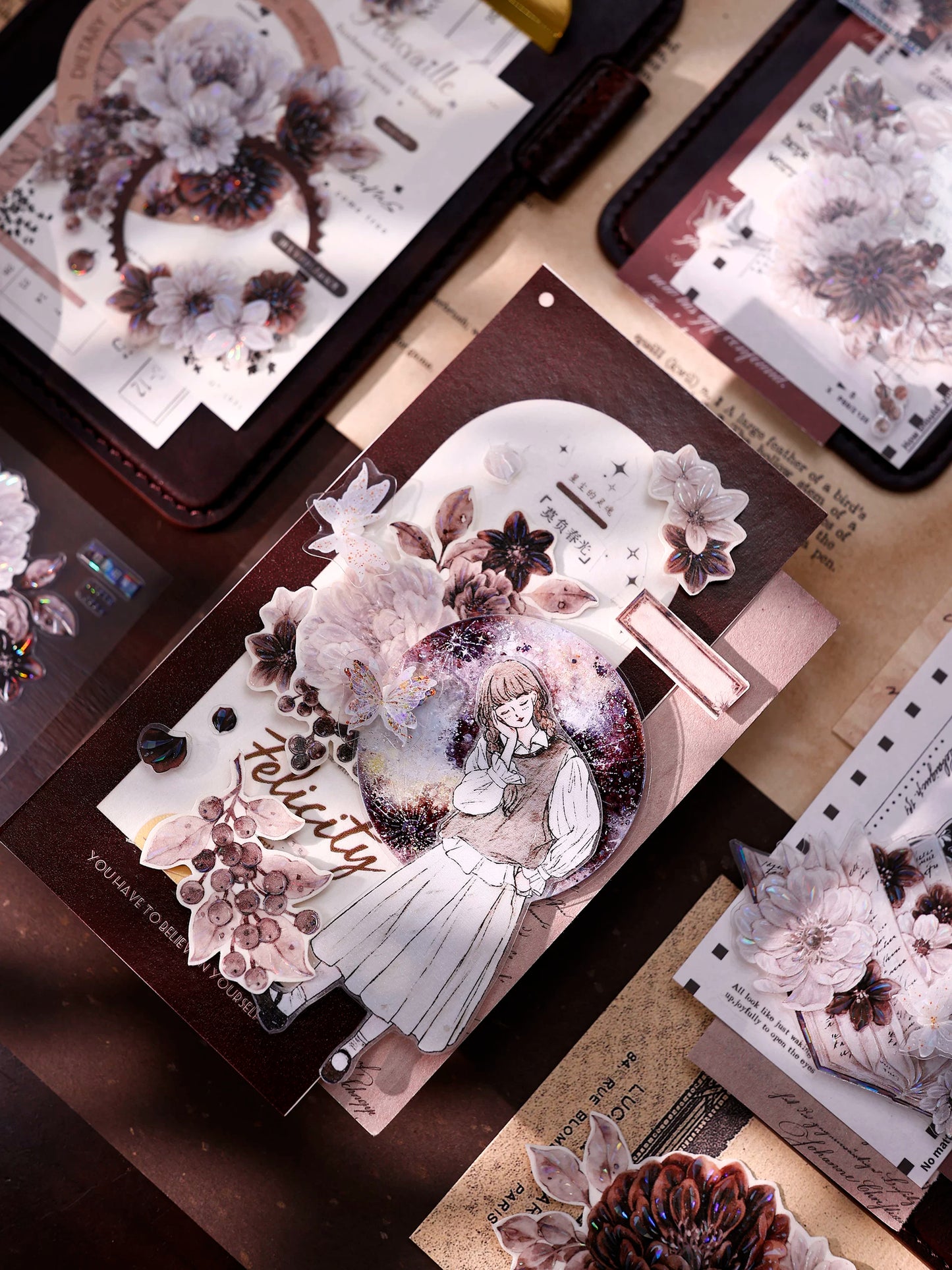 XiaoBaiJia【Brown Shadow Old Paper】Pre-cut Floral Orginal Design Washi Pet Tape Light Retro Stickers