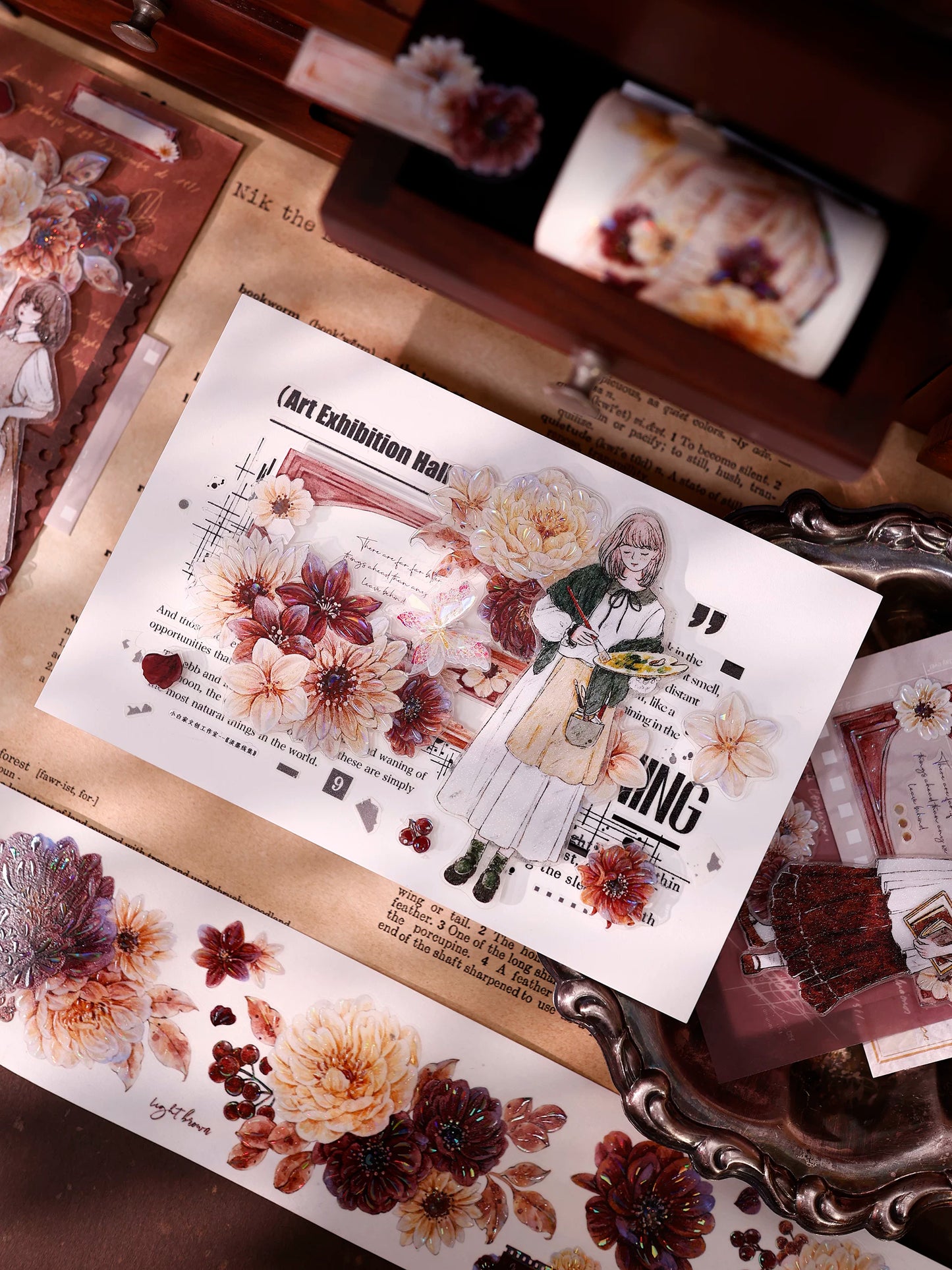 XiaoBaiJia【Peony Shadow Flower Description】Pre-cut Floral Orginal Design Washi Pet Tape Light Retro Stickers