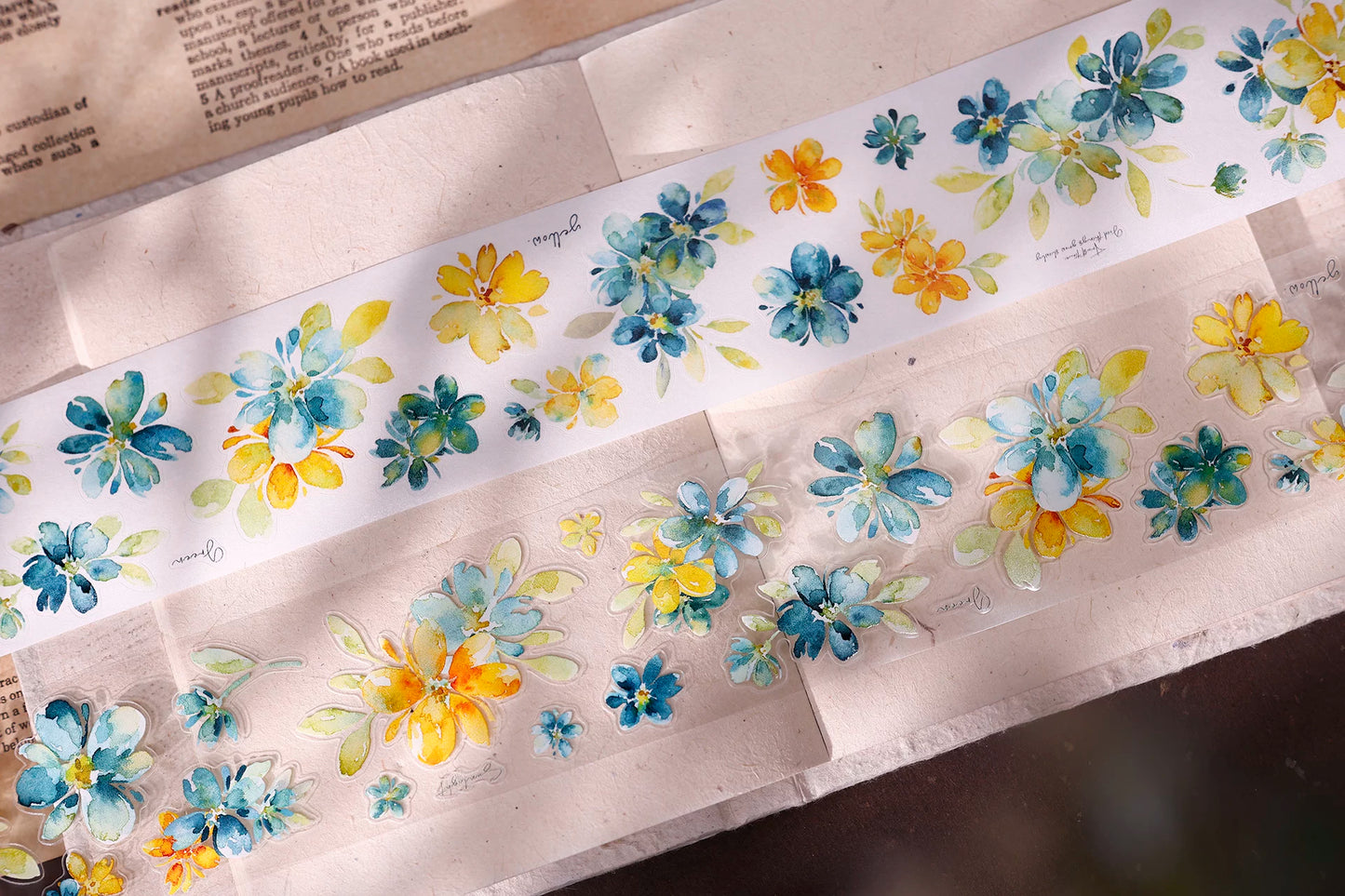 XiaoBaiJia【Picking Up Blue】Pre-cut Floral Orginal Design Washi Pet Tape Light Retro Stickers
