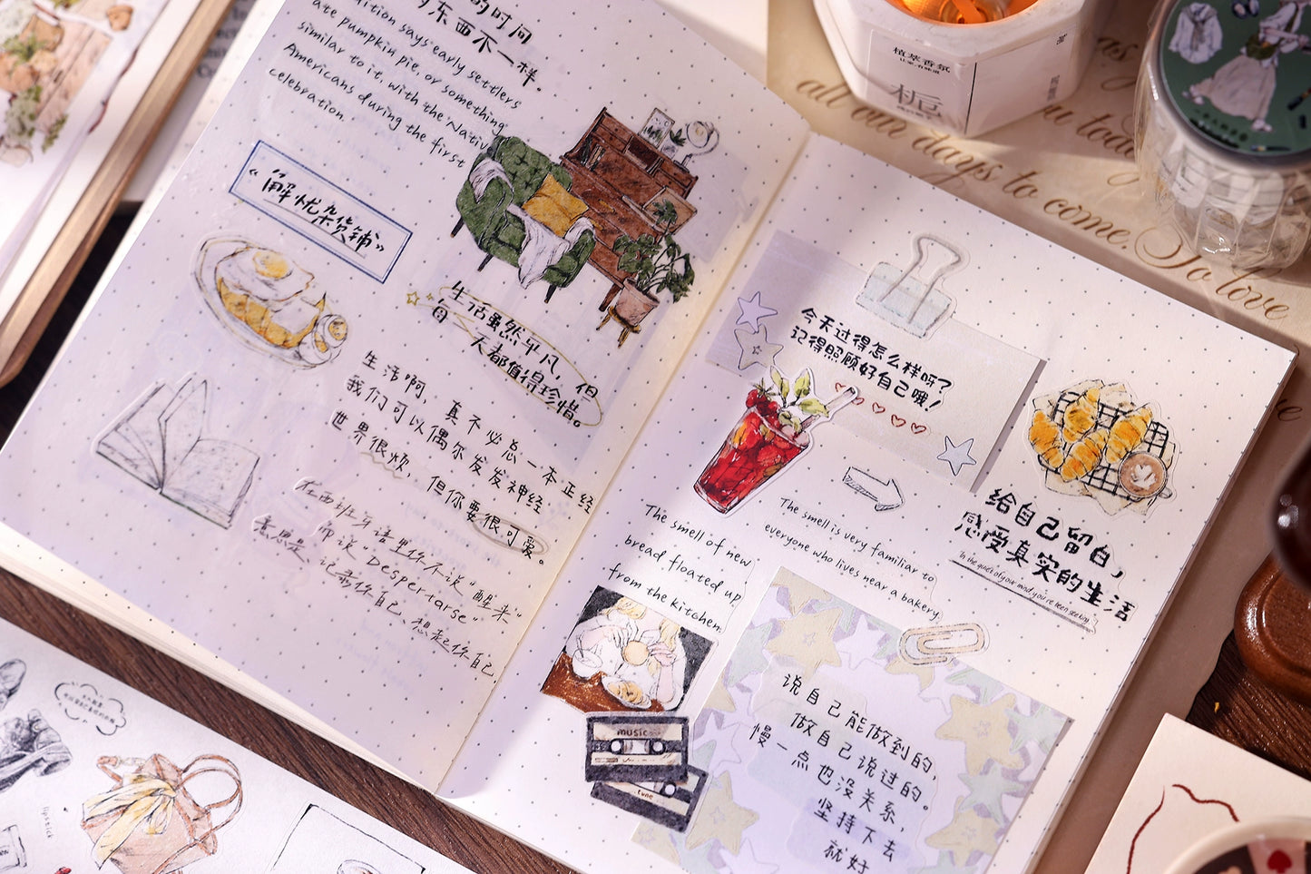 XiaoBaiJia Minimalist Style【A Person's Daily Routine】Pre-cut Light Retro Orginal Design Washi Pet Tape Landscaping Stickers