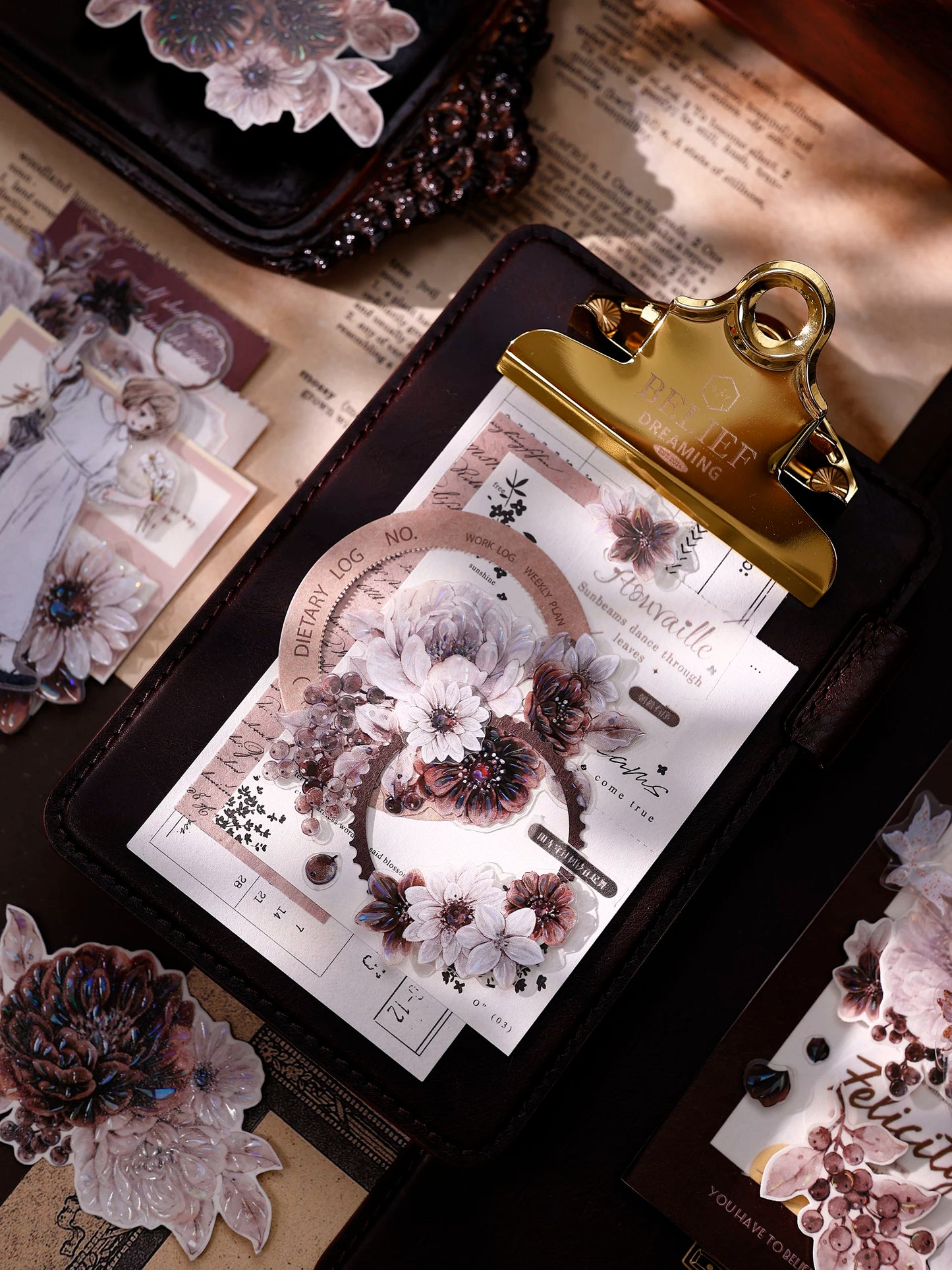 XiaoBaiJia【Brown Shadow Old Paper】Pre-cut Floral Orginal Design Washi Pet Tape Light Retro Stickers